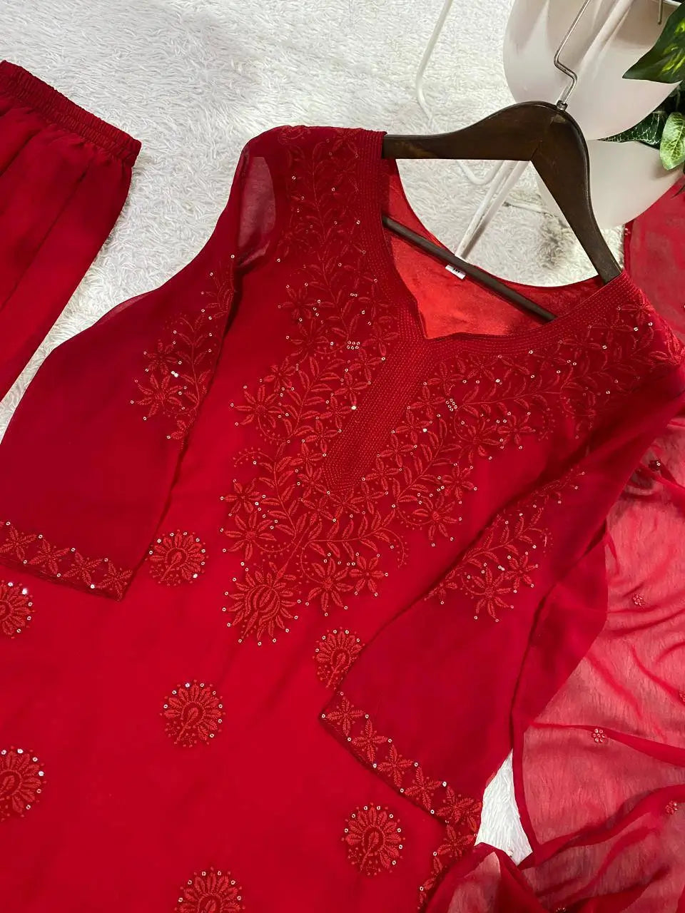 Festive Red Georgette Sharara Suit Set with Matching Thread Work and Dupatta