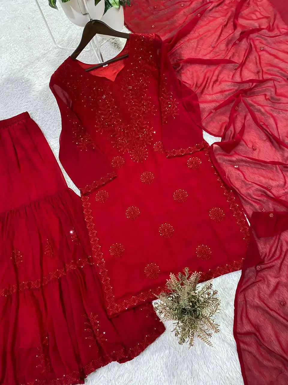 Festive Red Georgette Sharara Suit Set with Matching Thread Work and Dupatta