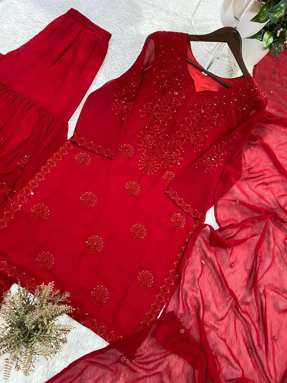 Festive Red Georgette Sharara Suit Set with Matching Thread Work and Dupatta