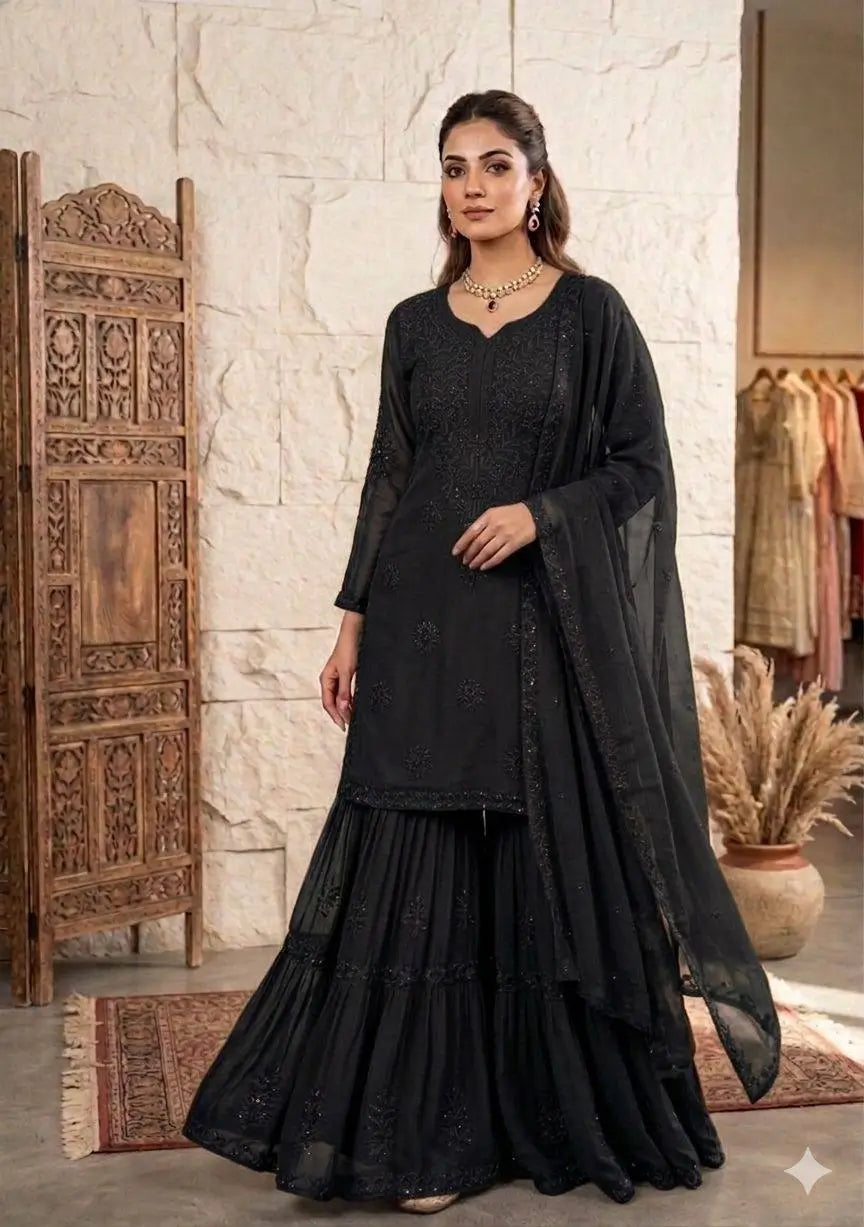 Festive Red Georgette Sharara Suit Set with Matching Thread Work and Dupatta