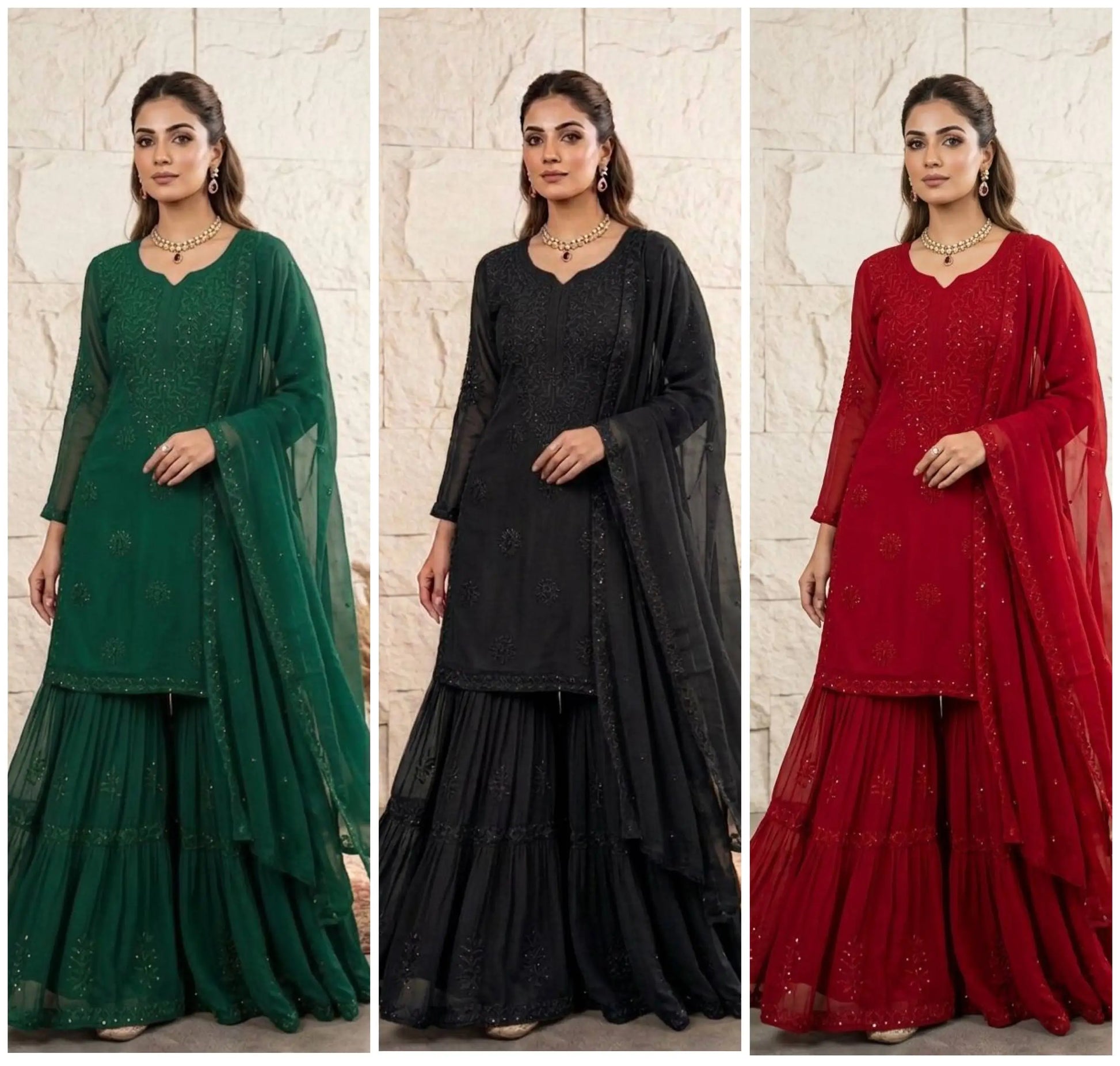 Festive Red Georgette Sharara Suit Set with Matching Thread Work and Dupatta