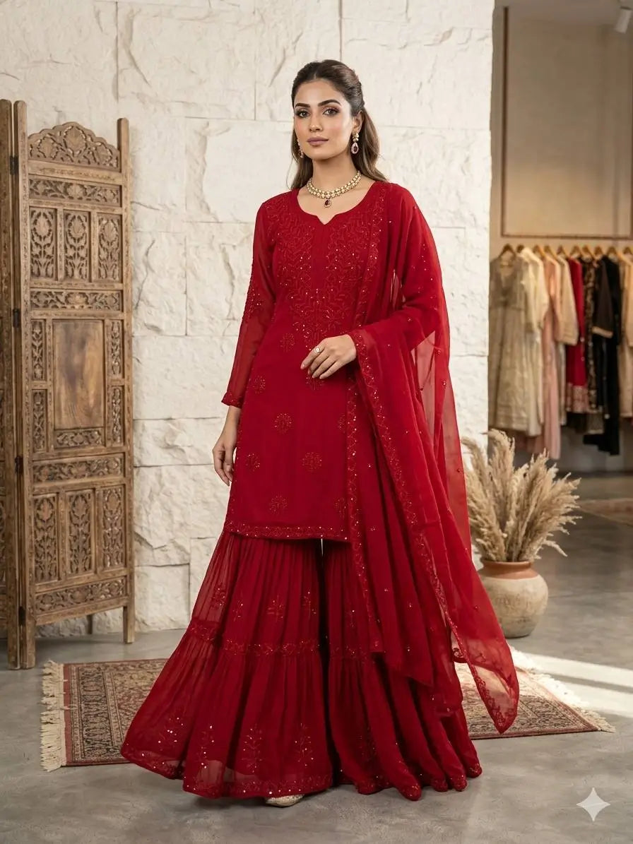 Festive Red Georgette Sharara Suit Set with Matching Thread Work and Dupatta