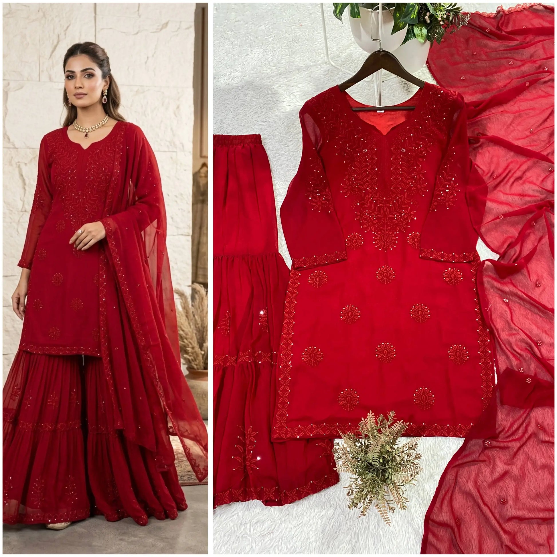 Festive Red Georgette Sharara Suit Set with Matching Thread Work and Dupatta