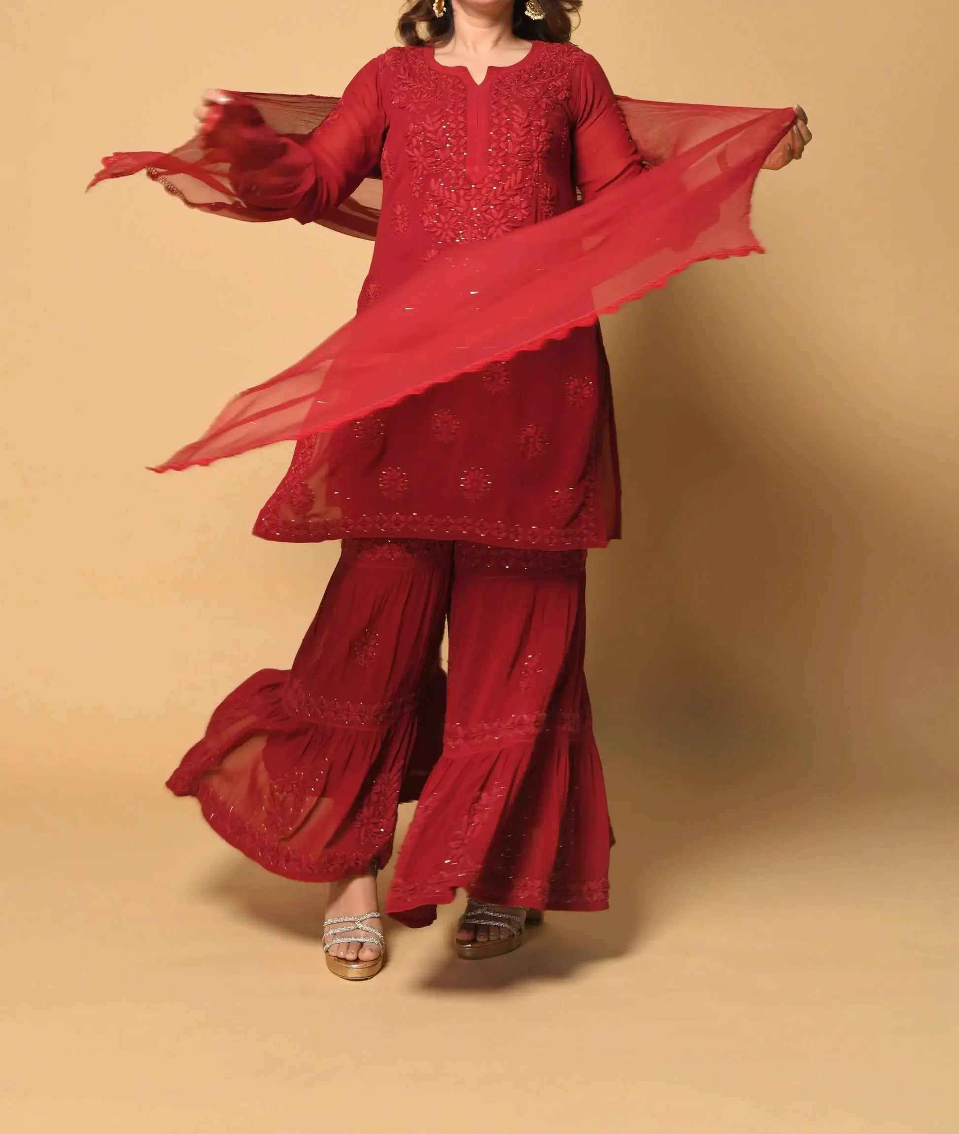 Festive Red Georgette Sharara Suit Set with Matching Thread Work and Dupatta