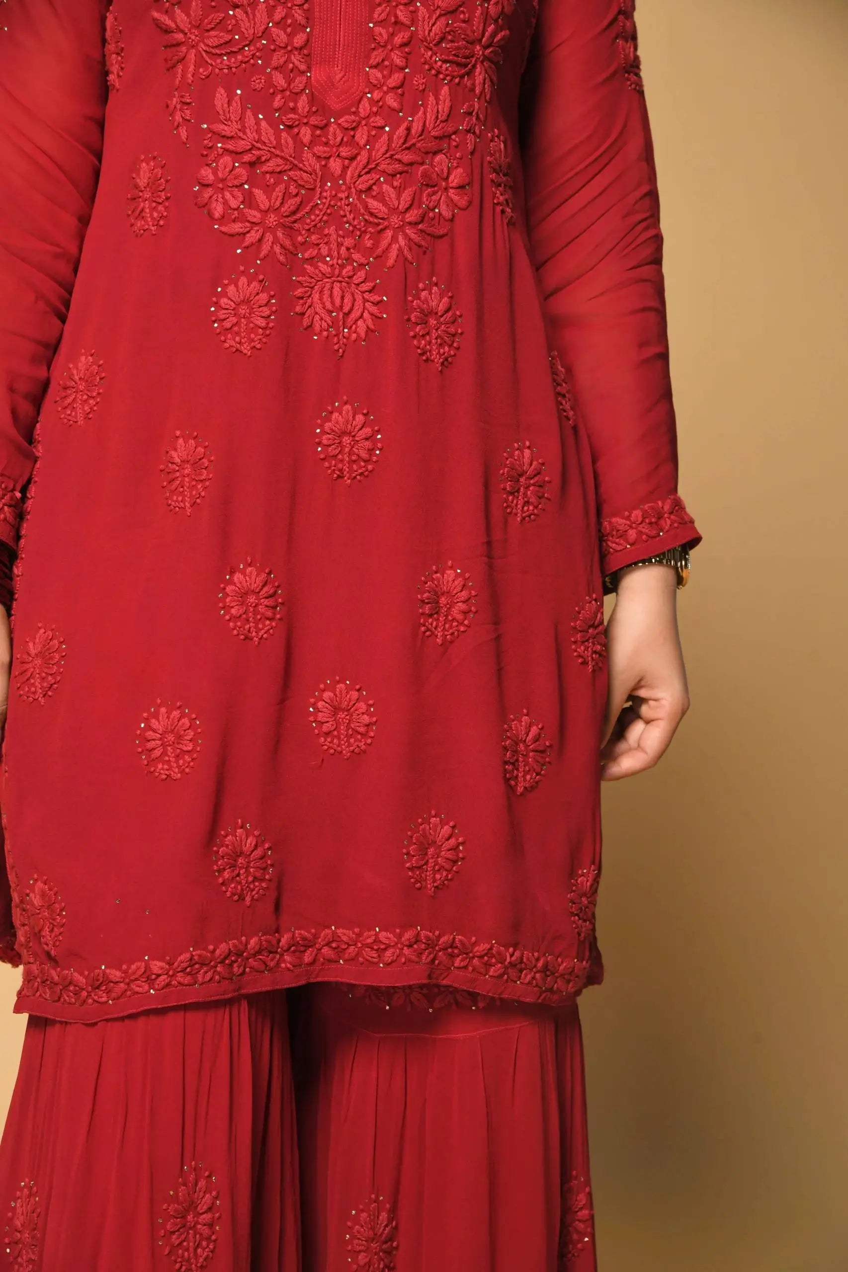 Festive Red Georgette Sharara Suit Set with Matching Thread Work and Dupatta