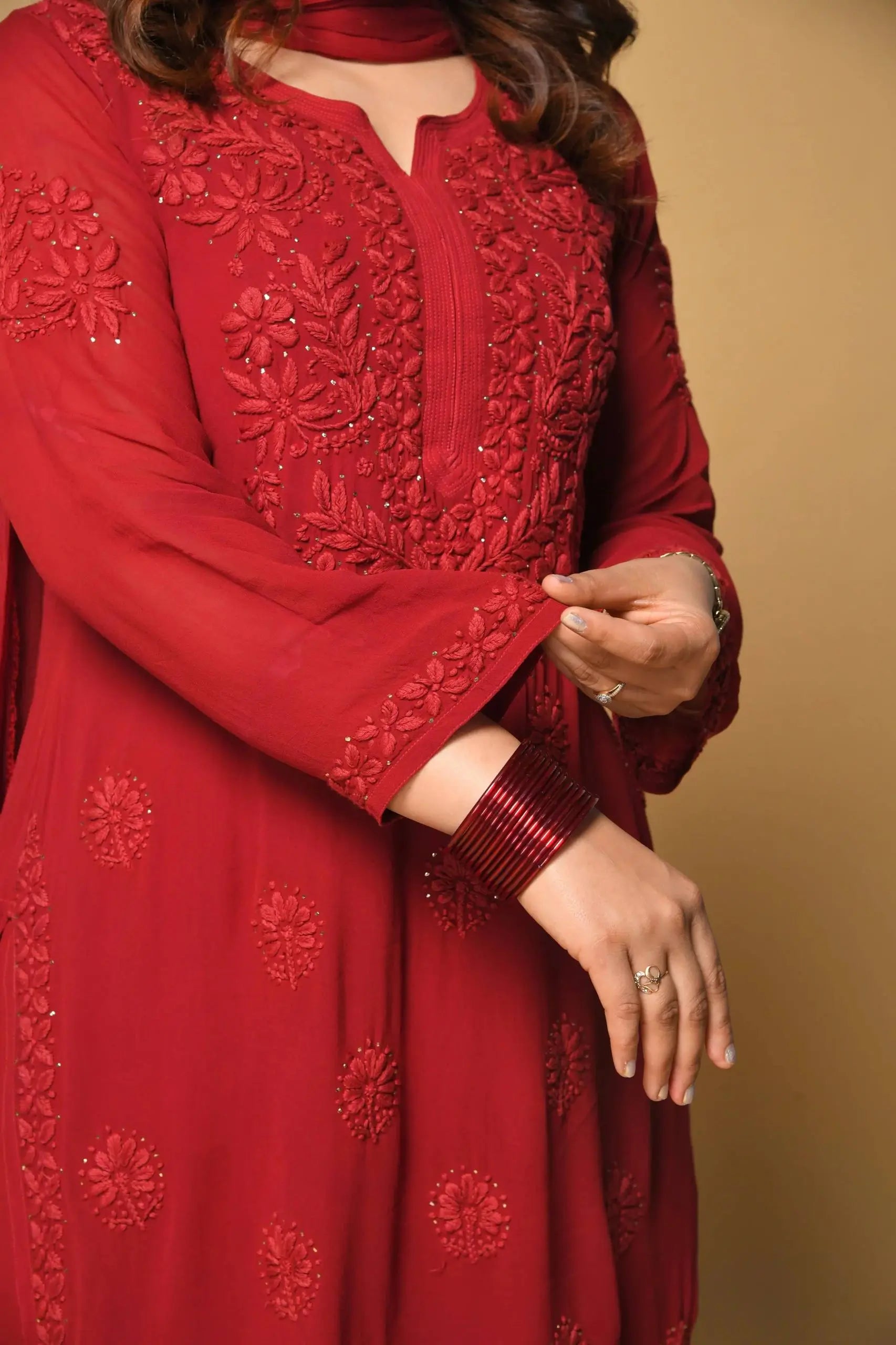 Festive Red Georgette Sharara Suit Set with Matching Thread Work and Dupatta