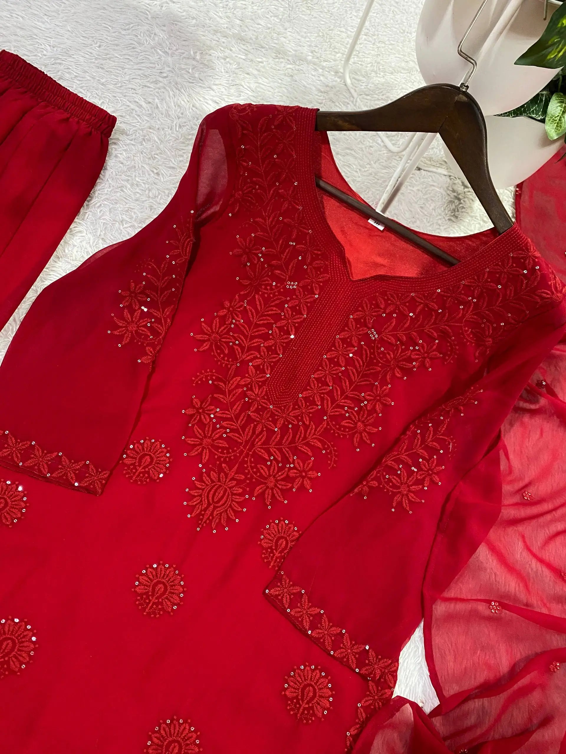 Festive Red Georgette Sharara Suit Set with Matching Thread Work and Dupatta