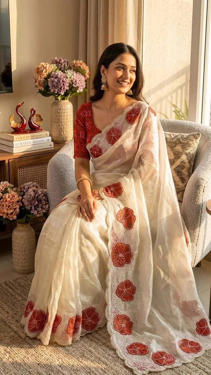 Floral Applique Sequin Saree