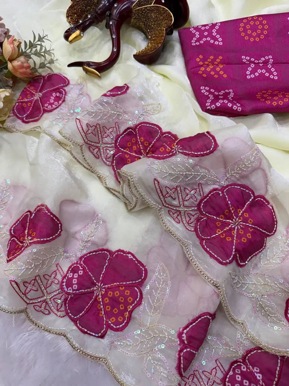 Floral Applique Sequin Saree