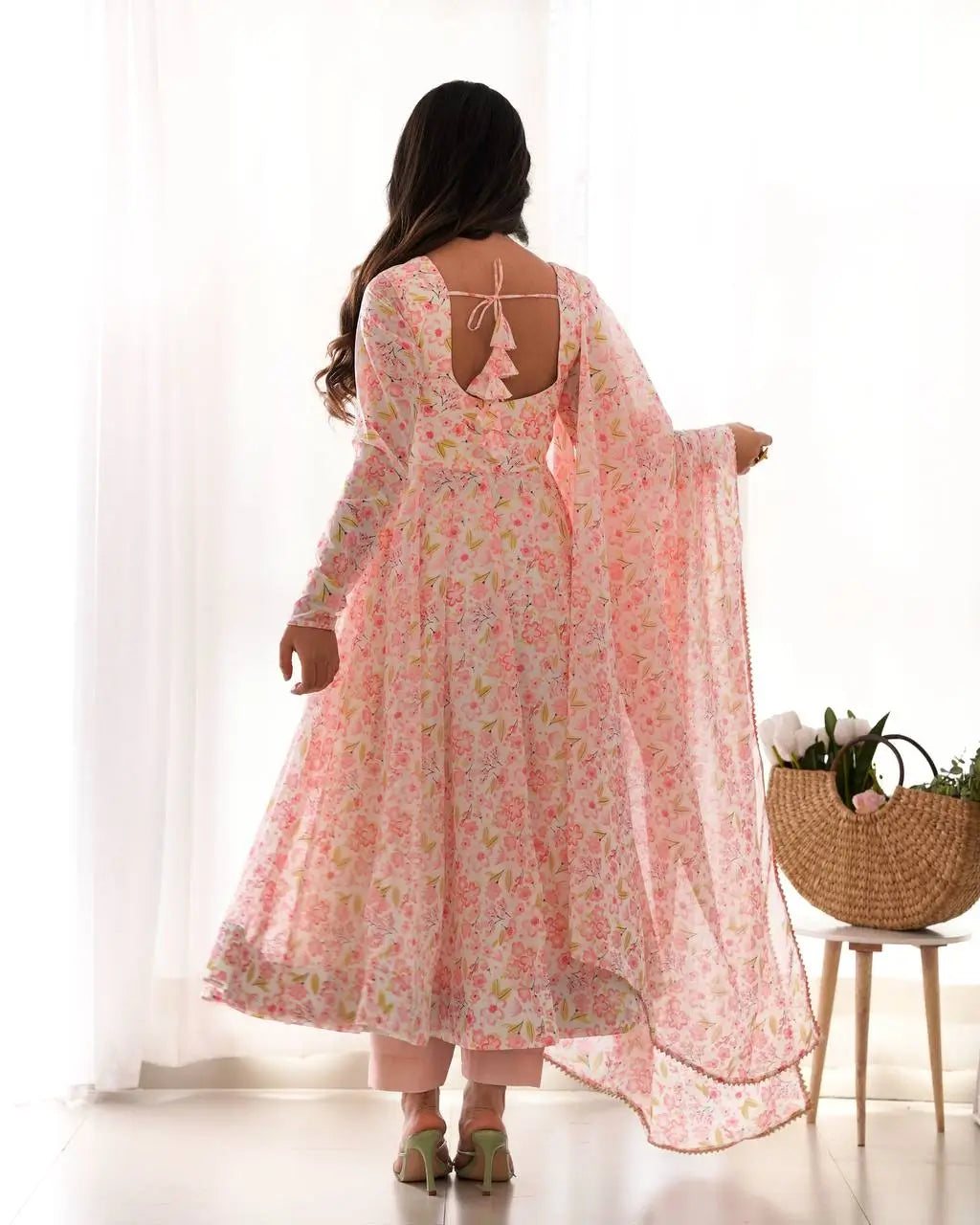 Floral Chiffon Anarkali Set with Triangle Lace Dupatta