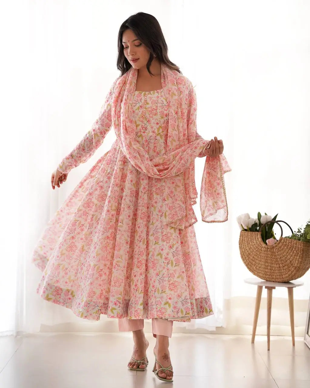 Floral Chiffon Anarkali Set with Triangle Lace Dupatta