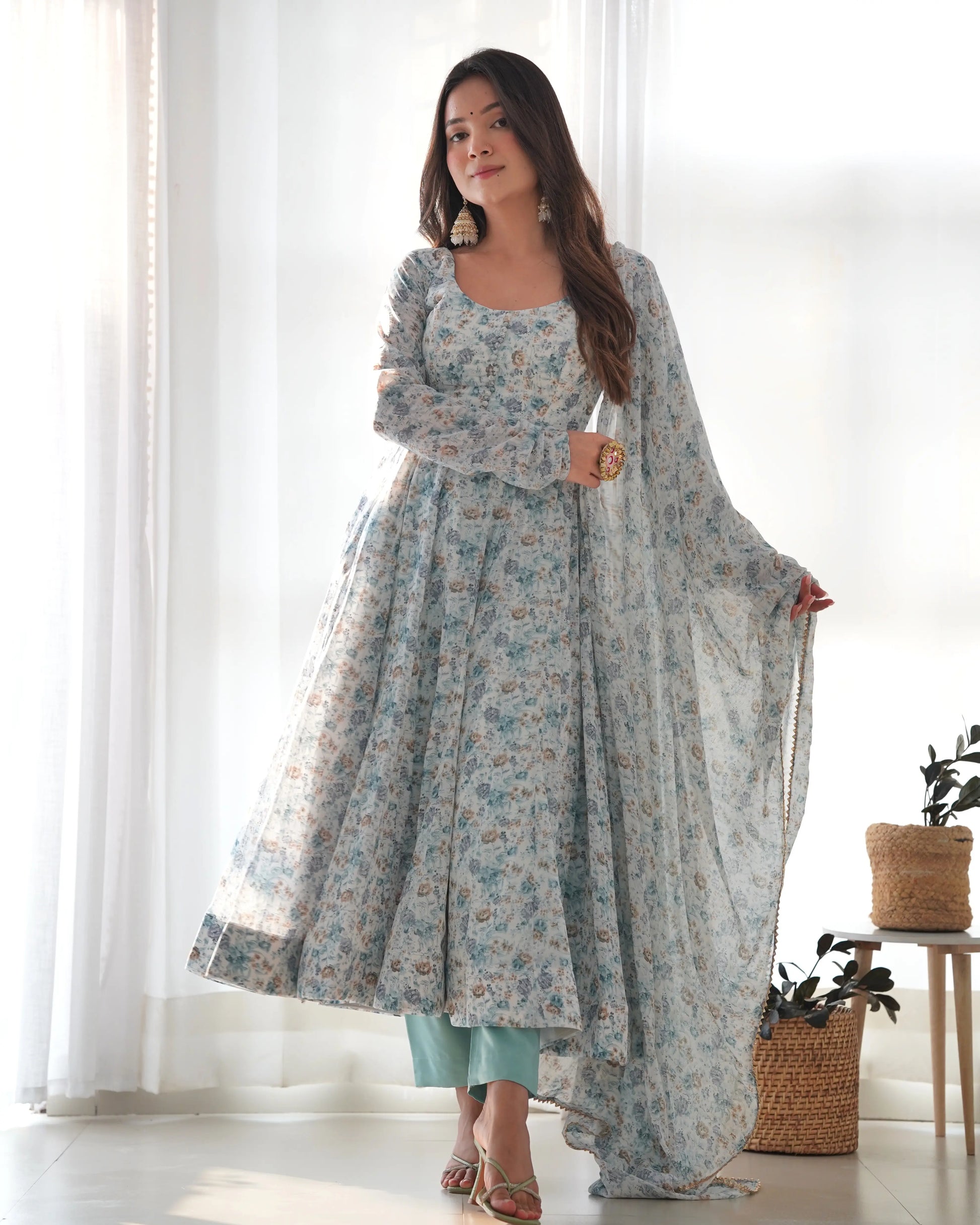Floral Chiffon Anarkali Set with Triangle Lace Dupatta