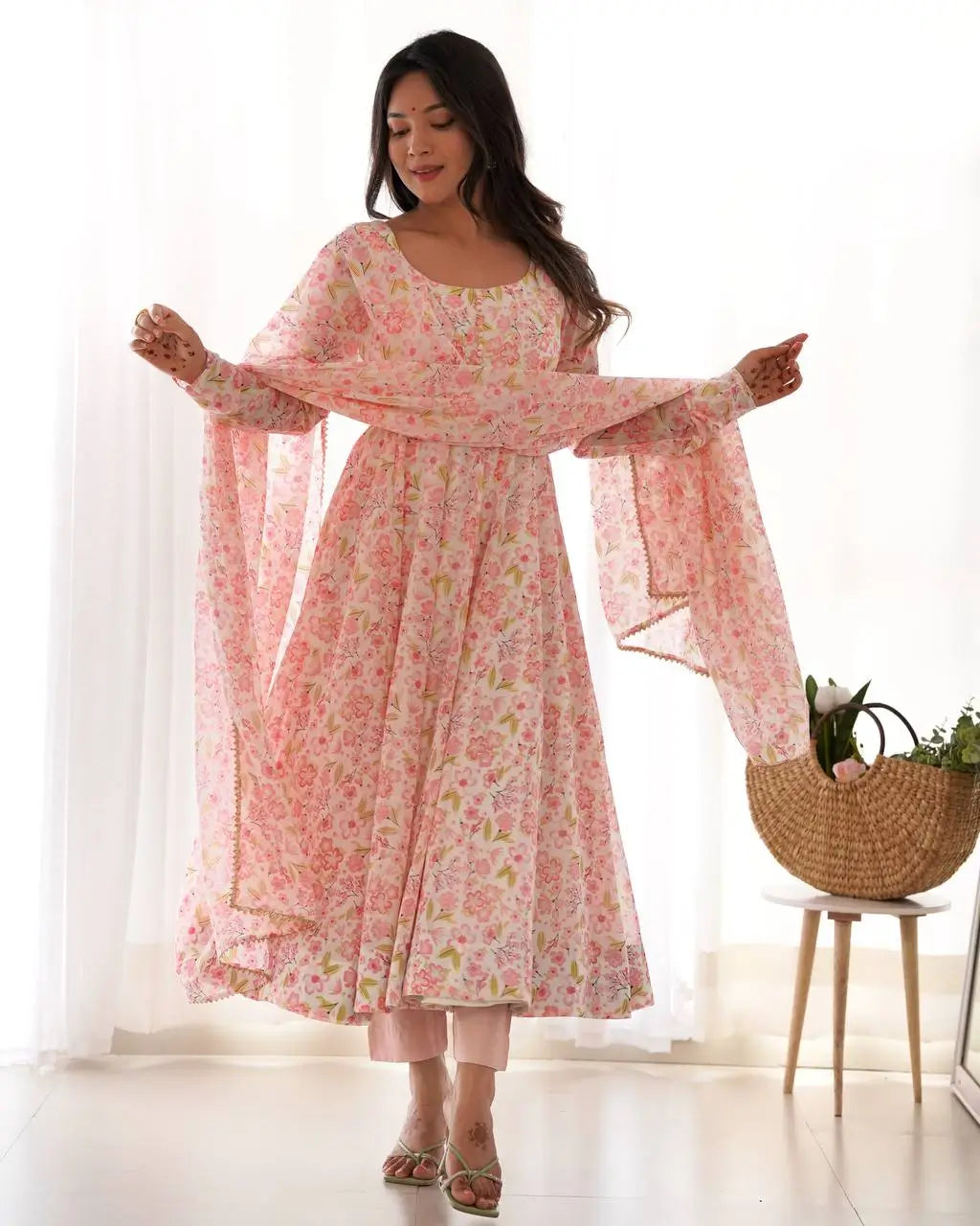 Floral Chiffon Anarkali Set with Triangle Lace Dupatta