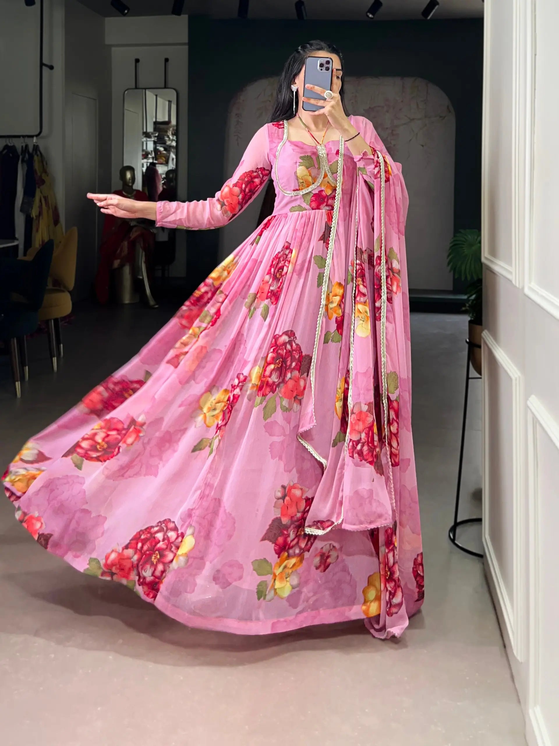Floral Chiffon Printed Anarkali Gown Set