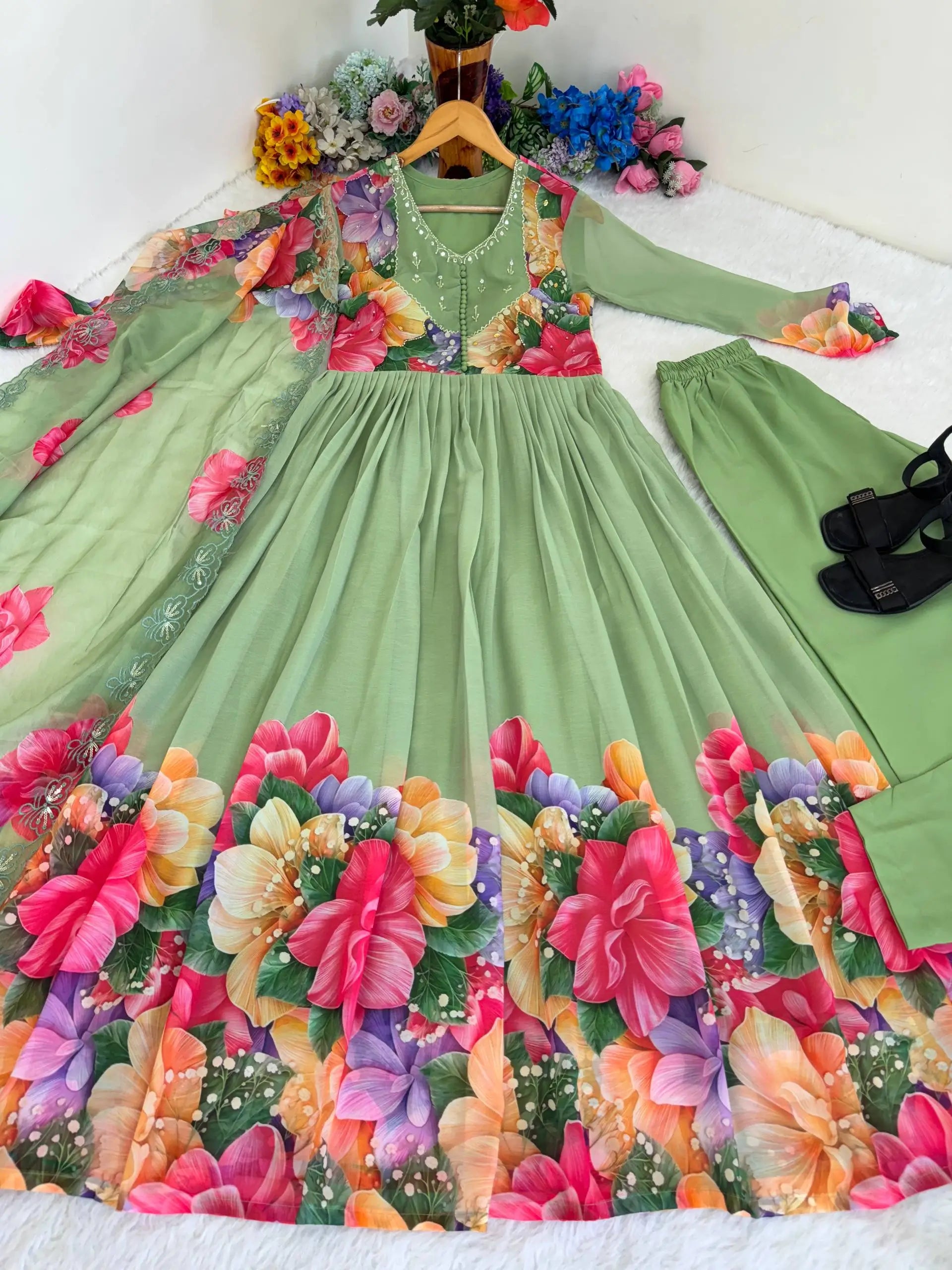Floral Digital Print Georgette Anarkali Gown Set with Dupatta
