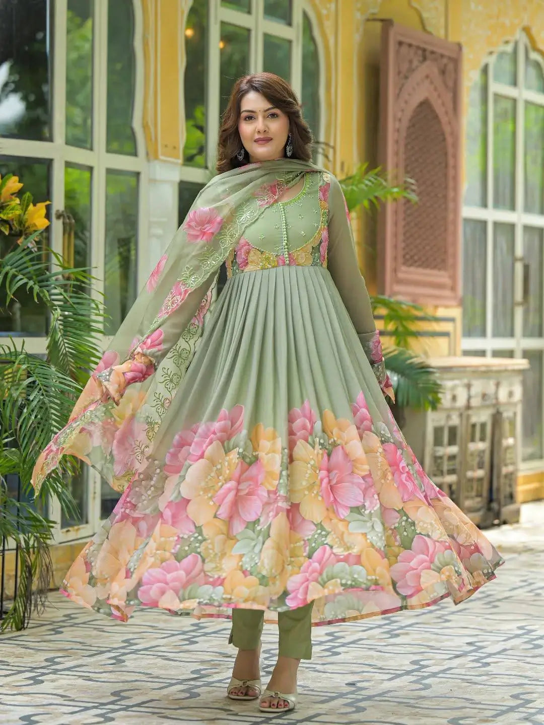 Floral Digital Print Georgette Anarkali Gown Set with Dupatta