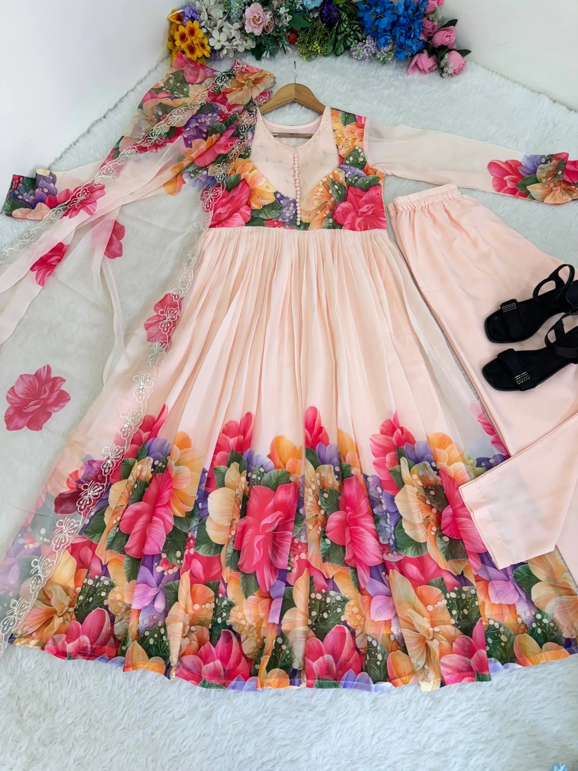 Floral Digital Print Georgette Anarkali Gown Set with Dupatta