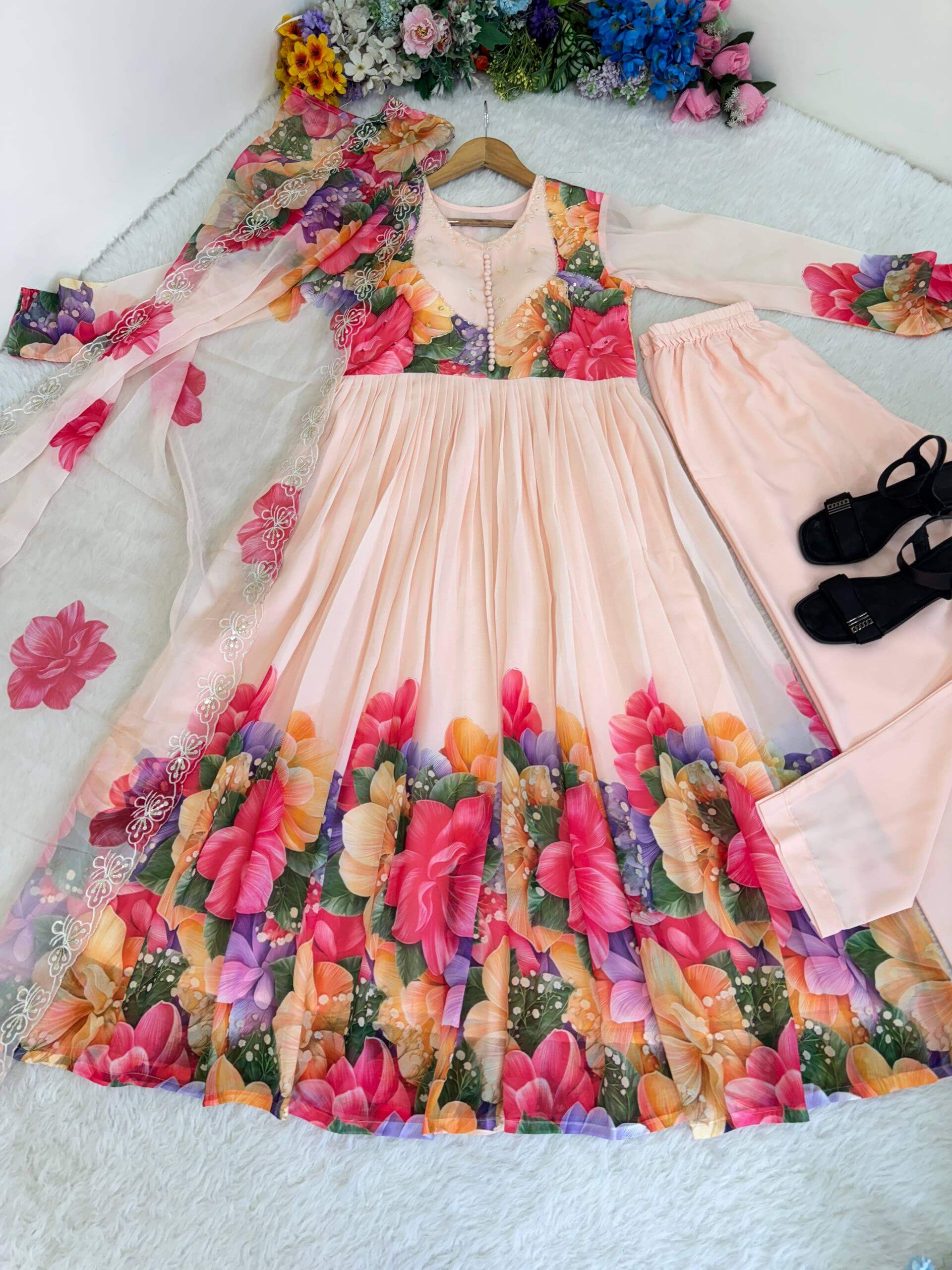 Floral Digital Print Georgette Anarkali Gown Set with Dupatta