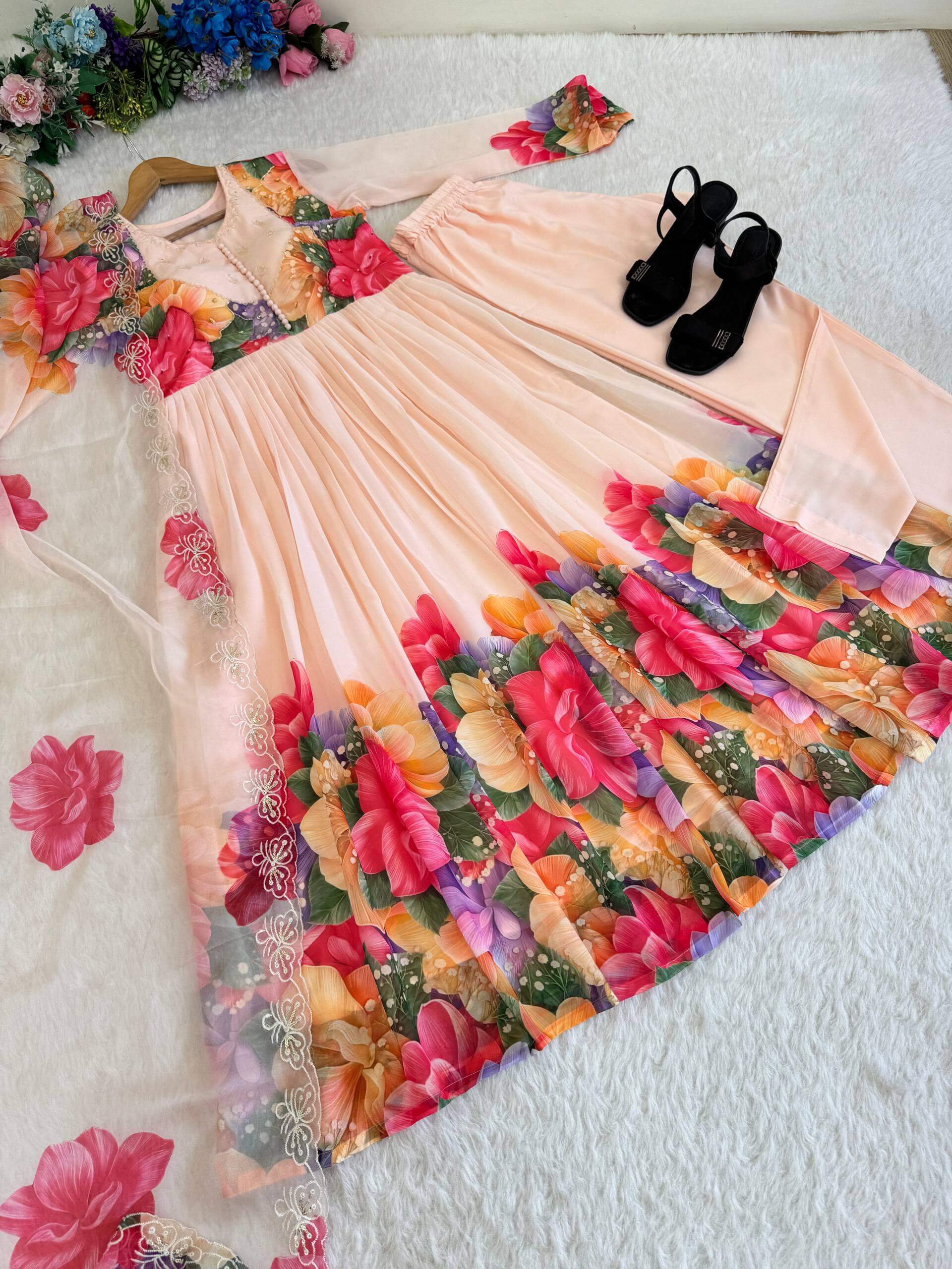 Floral Digital Print Georgette Anarkali Gown Set with Dupatta