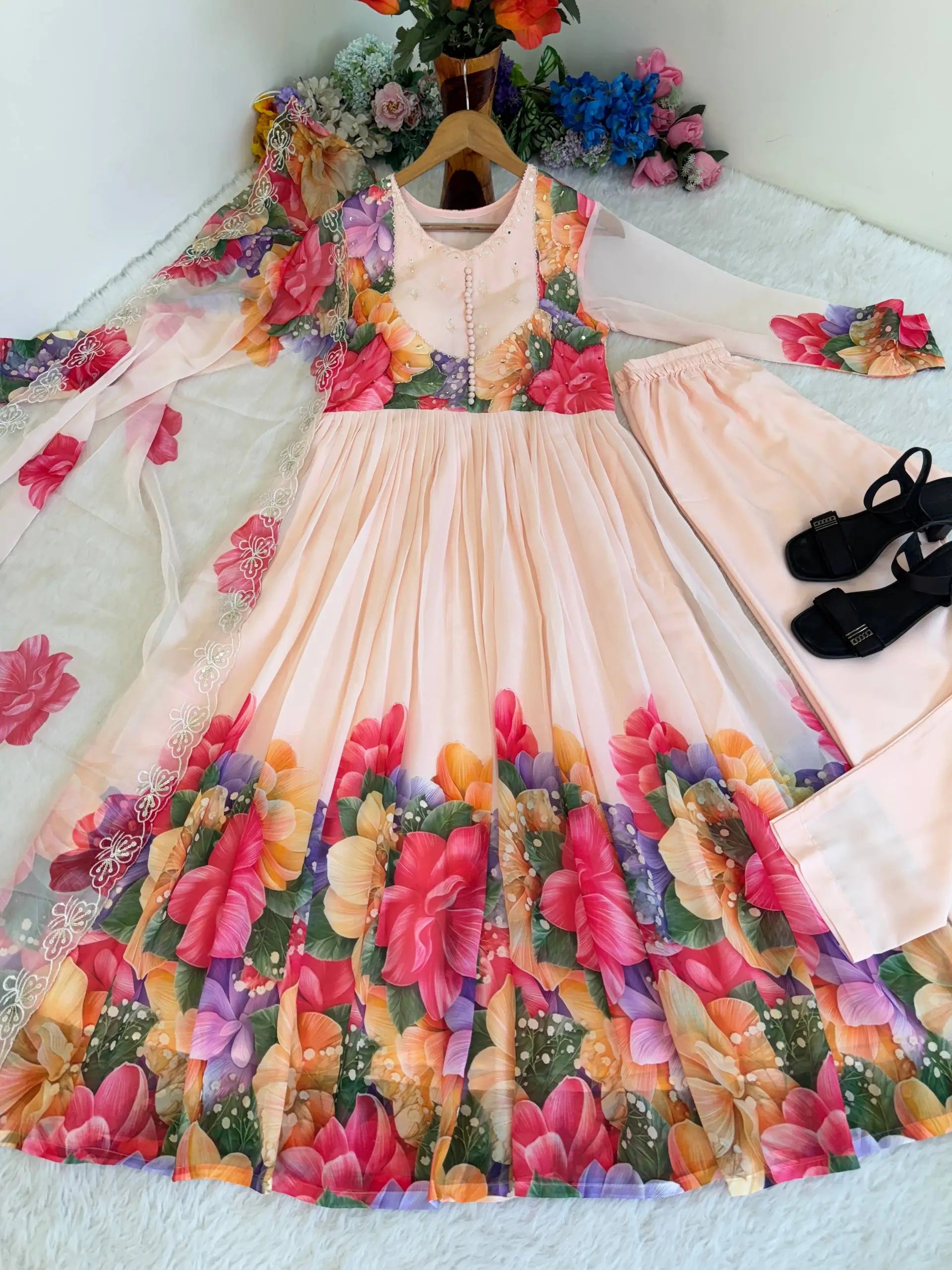 Floral Digital Print Georgette Anarkali Gown Set with Dupatta