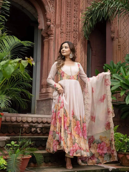 Floral Digital Print Georgette Anarkali Gown Set with Dupatta