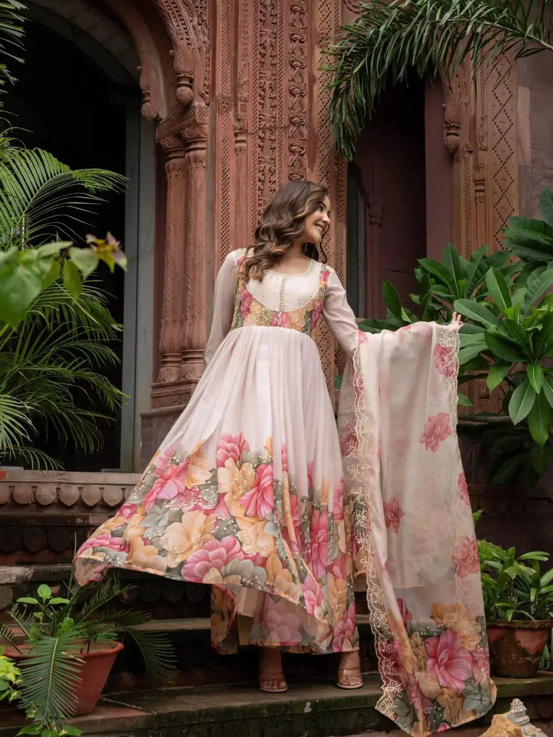 Floral Digital Print Georgette Anarkali Gown Set with Dupatta