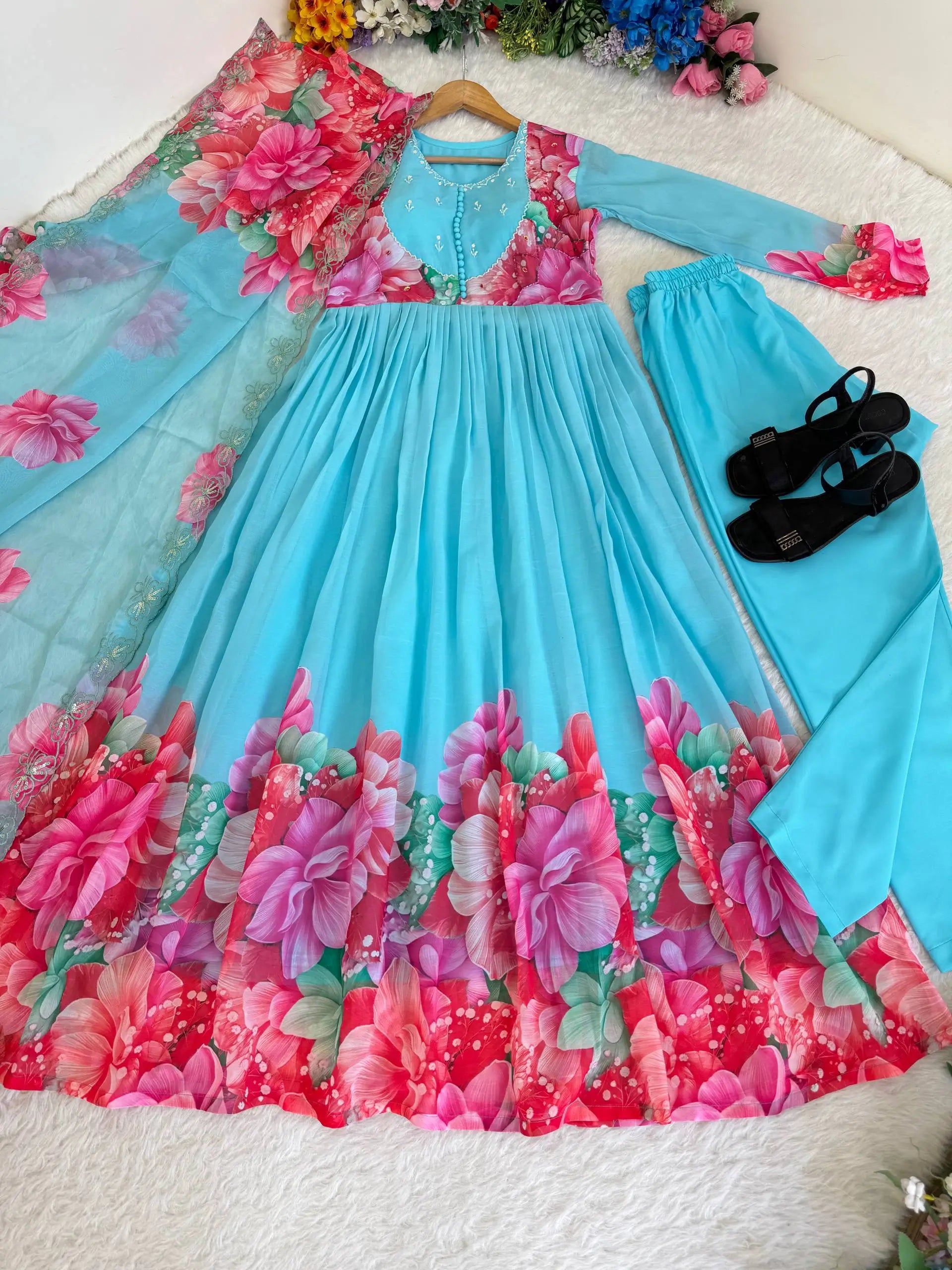 Floral Digital Print Georgette Anarkali Gown Set with Dupatta