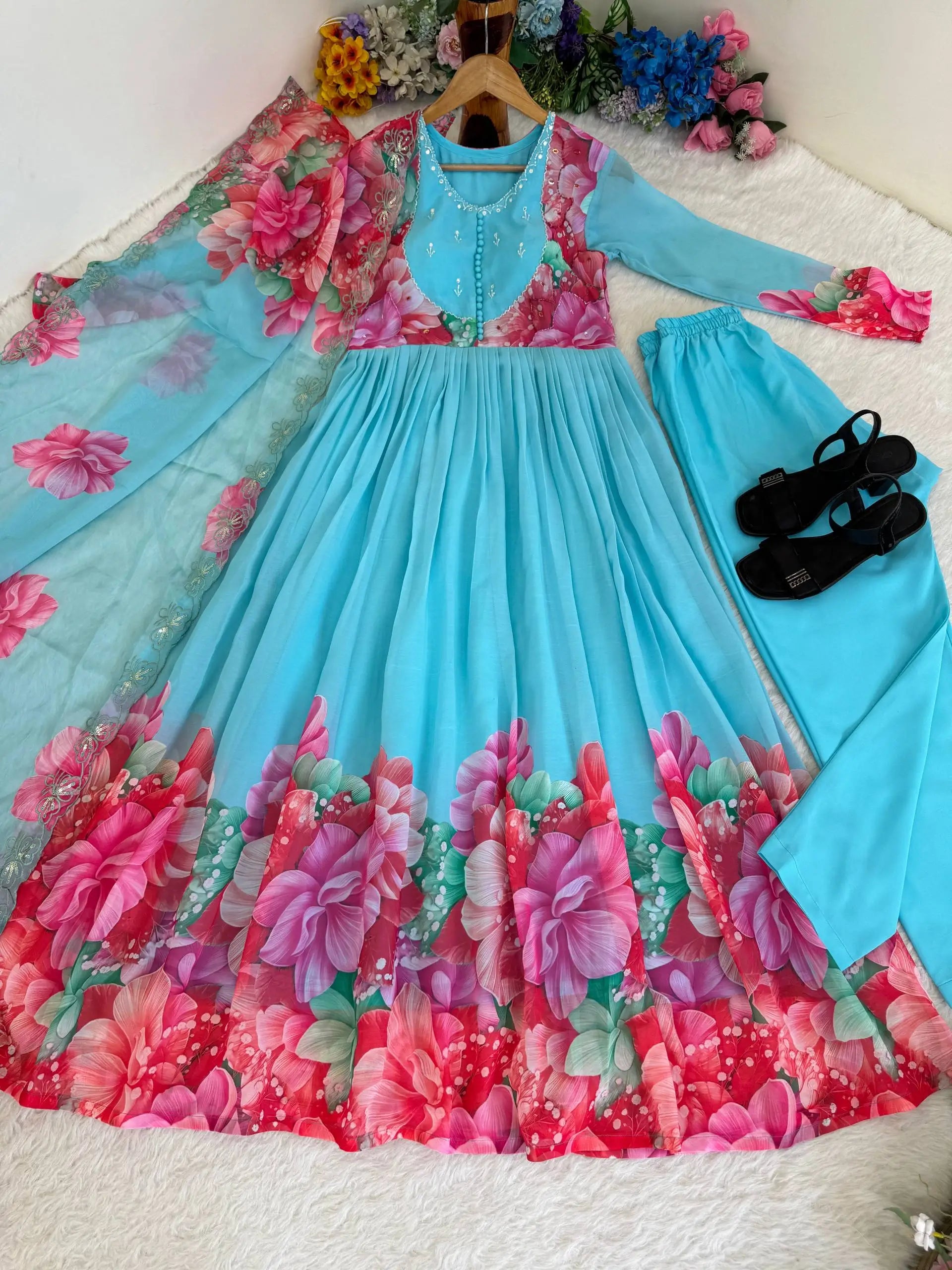 Floral Digital Print Georgette Anarkali Gown Set with Dupatta