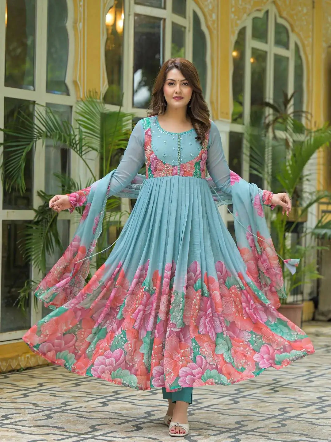 Floral Digital Print Georgette Anarkali Gown Set with Dupatta