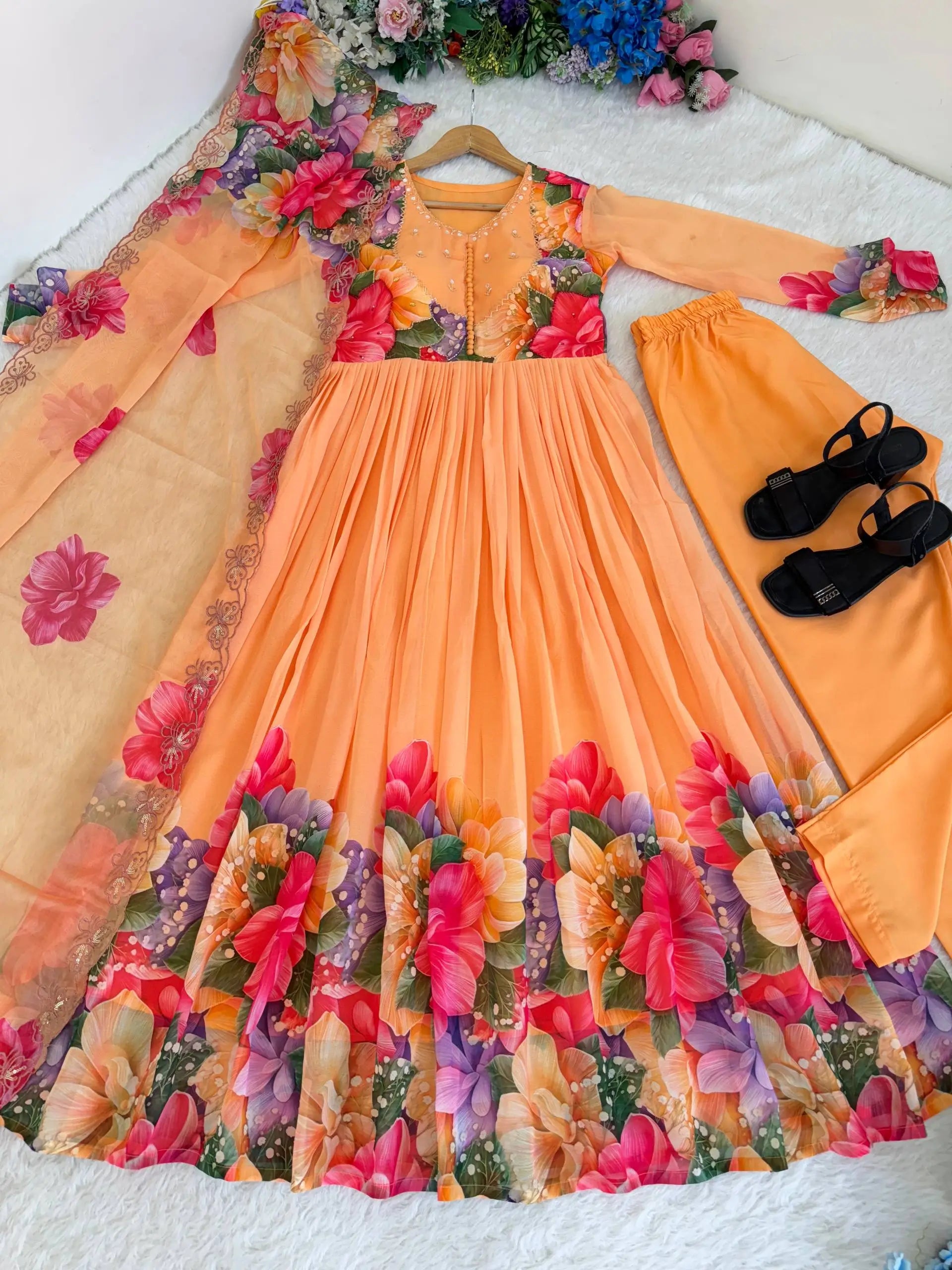 Floral Digital Print Georgette Anarkali Gown Set with Dupatta