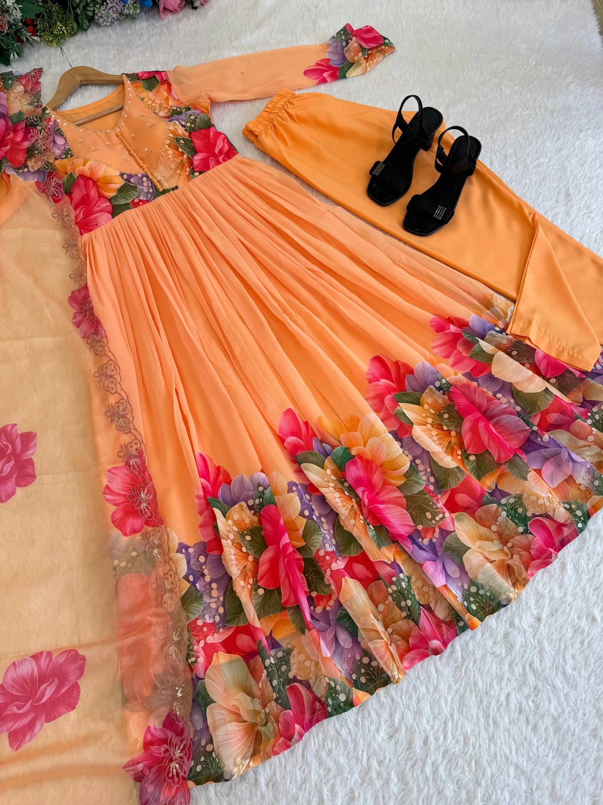 Floral Digital Print Georgette Anarkali Gown Set with Dupatta