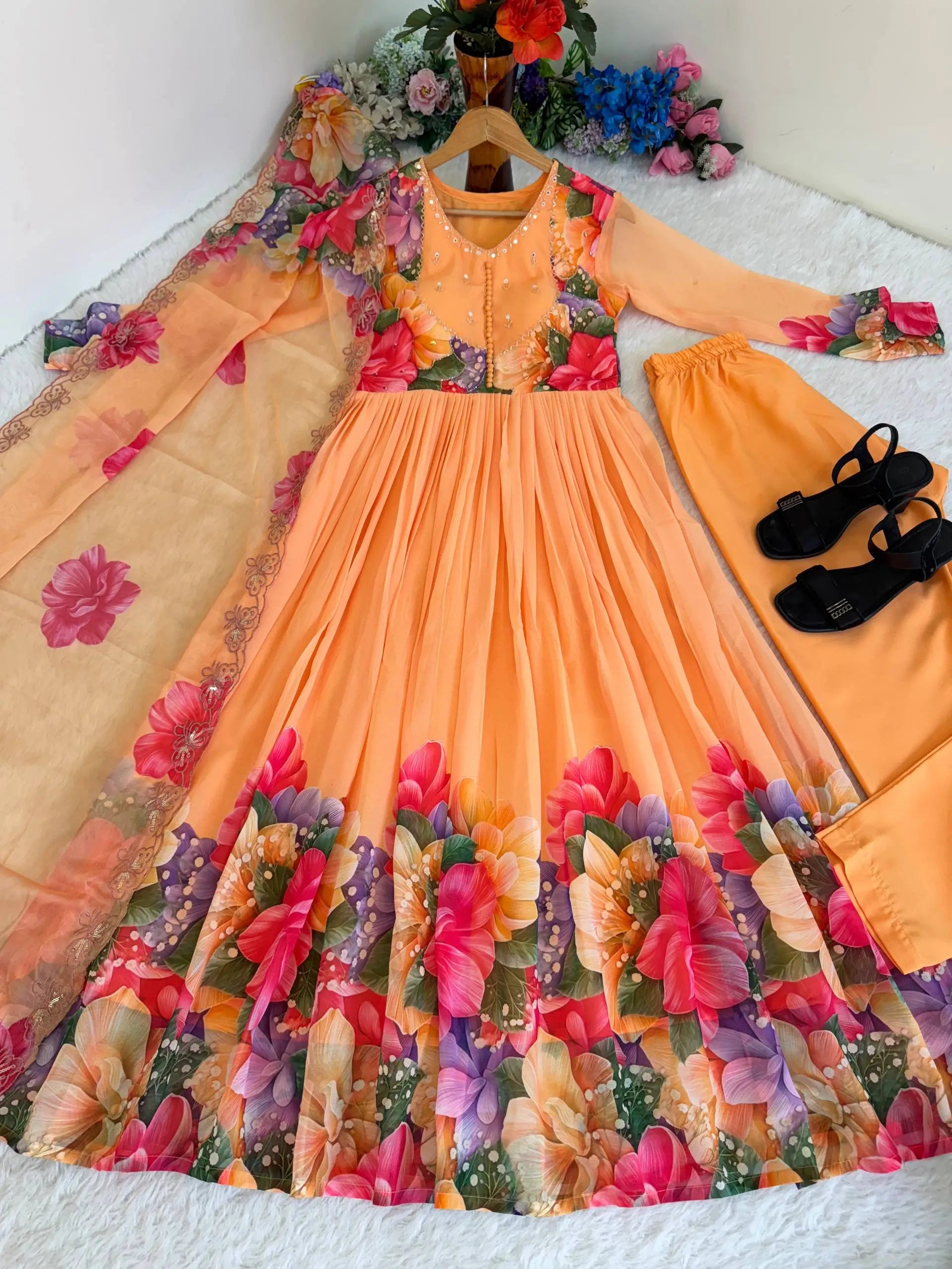 Floral Digital Print Georgette Anarkali Gown Set with Dupatta