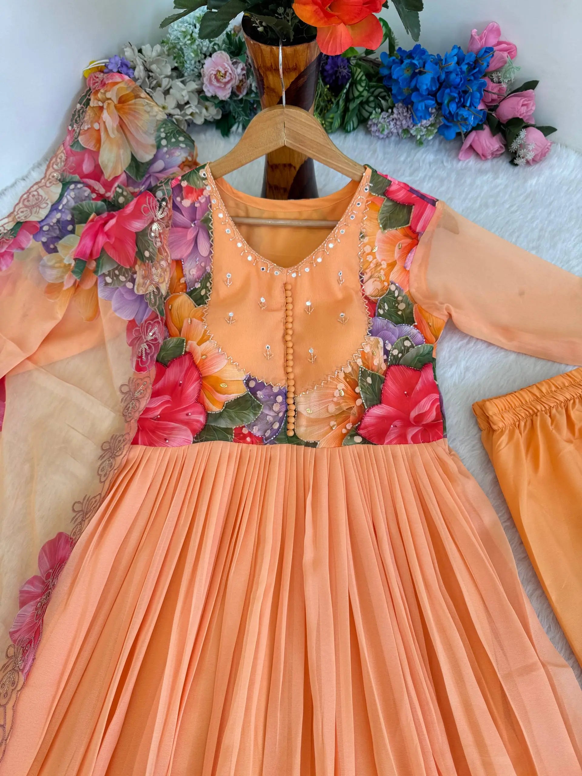 Floral Digital Print Georgette Anarkali Gown Set with Dupatta