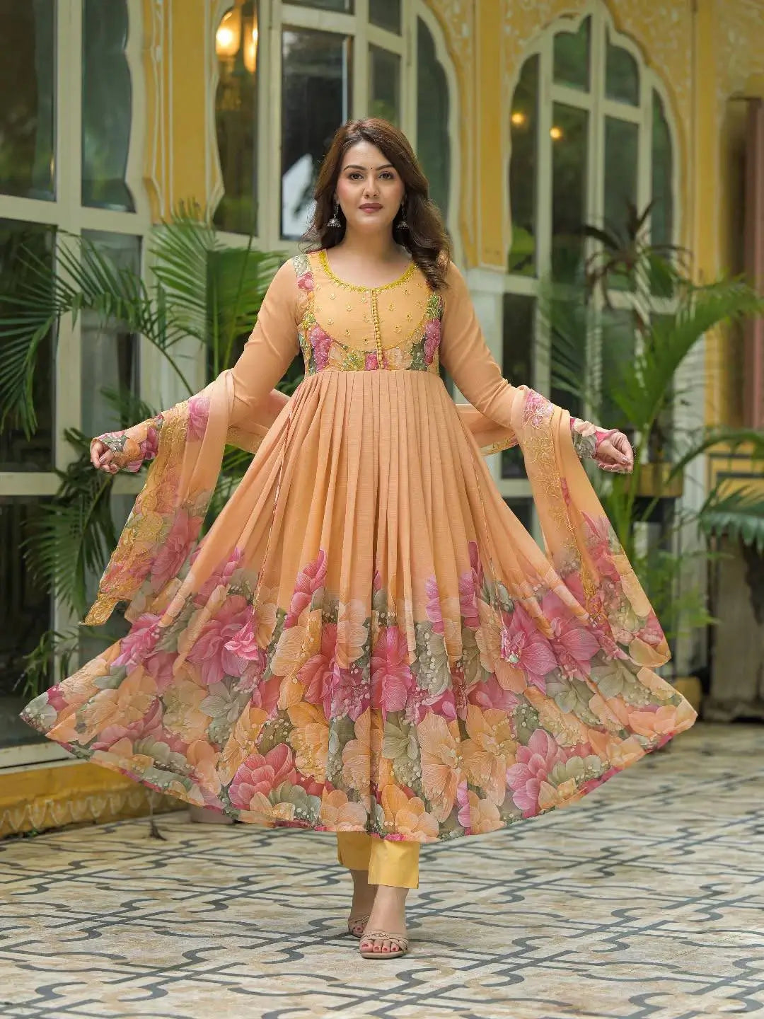 Floral Digital Print Georgette Anarkali Gown Set with Dupatta