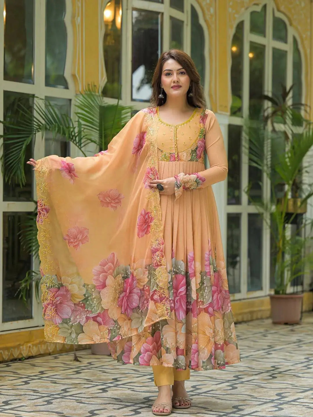 Floral Digital Print Georgette Anarkali Gown Set with Dupatta