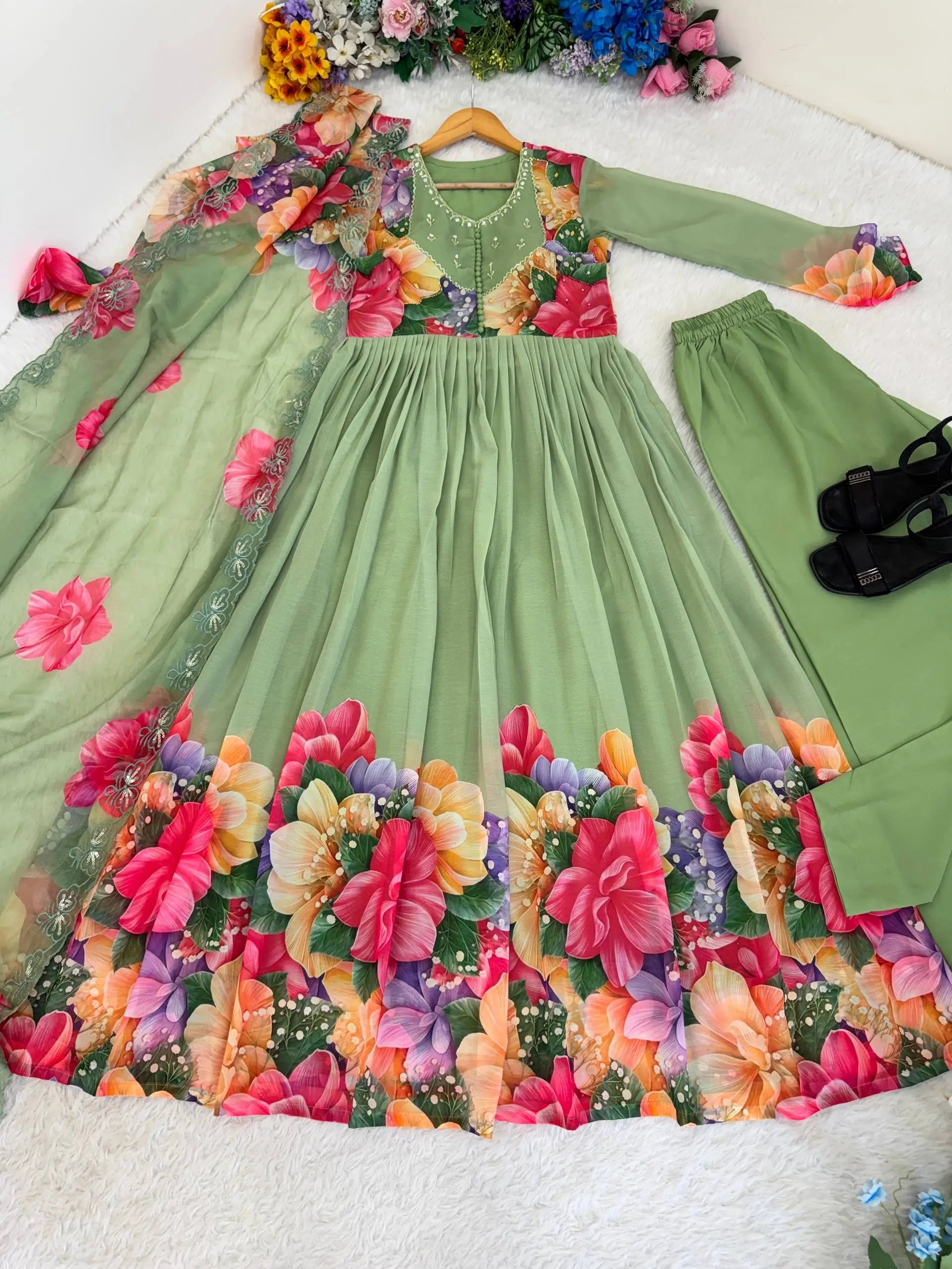 Floral Digital Print Georgette Anarkali Gown Set with Dupatta