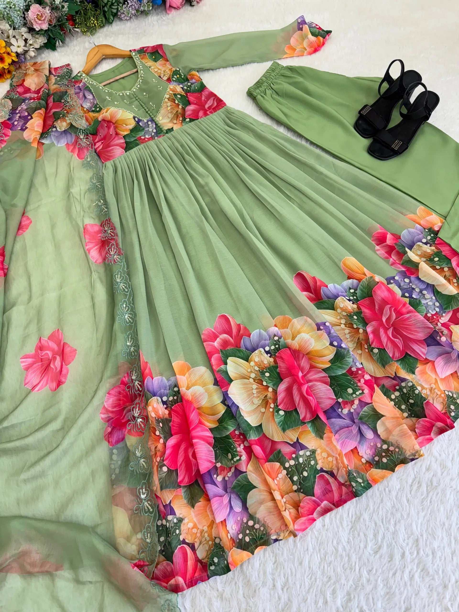 Floral Digital Print Georgette Anarkali Gown Set with Dupatta