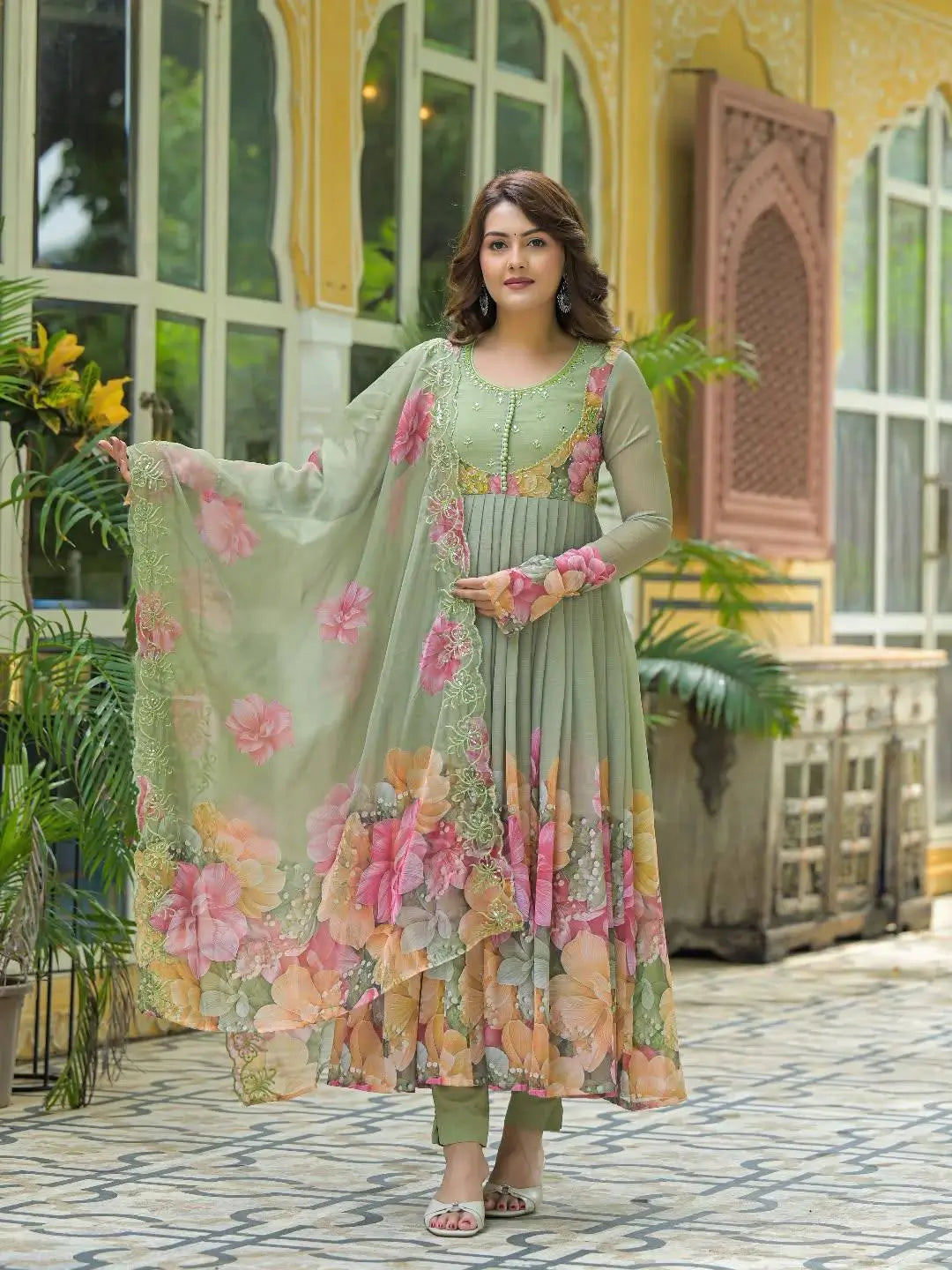 Floral Digital Print Georgette Anarkali Gown Set with Dupatta