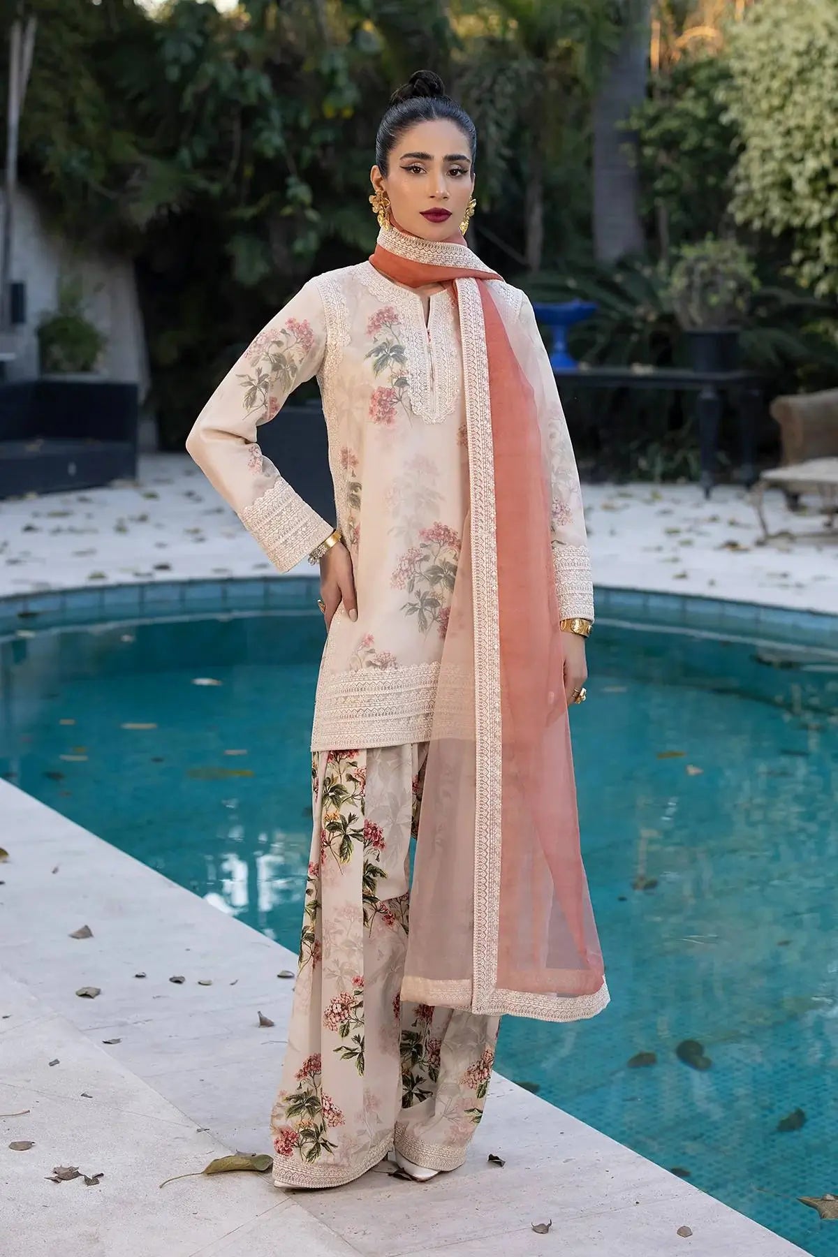 Floral Digital Print Georgette Embroidered Suit with Farshi Plazzo & Dual Tone Dupatta