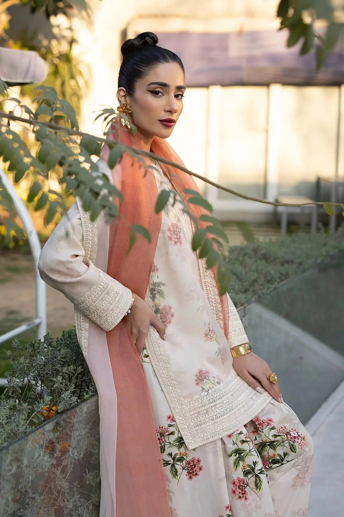 Floral Digital Print Georgette Embroidered Suit with Farshi Plazzo & Dual Tone Dupatta