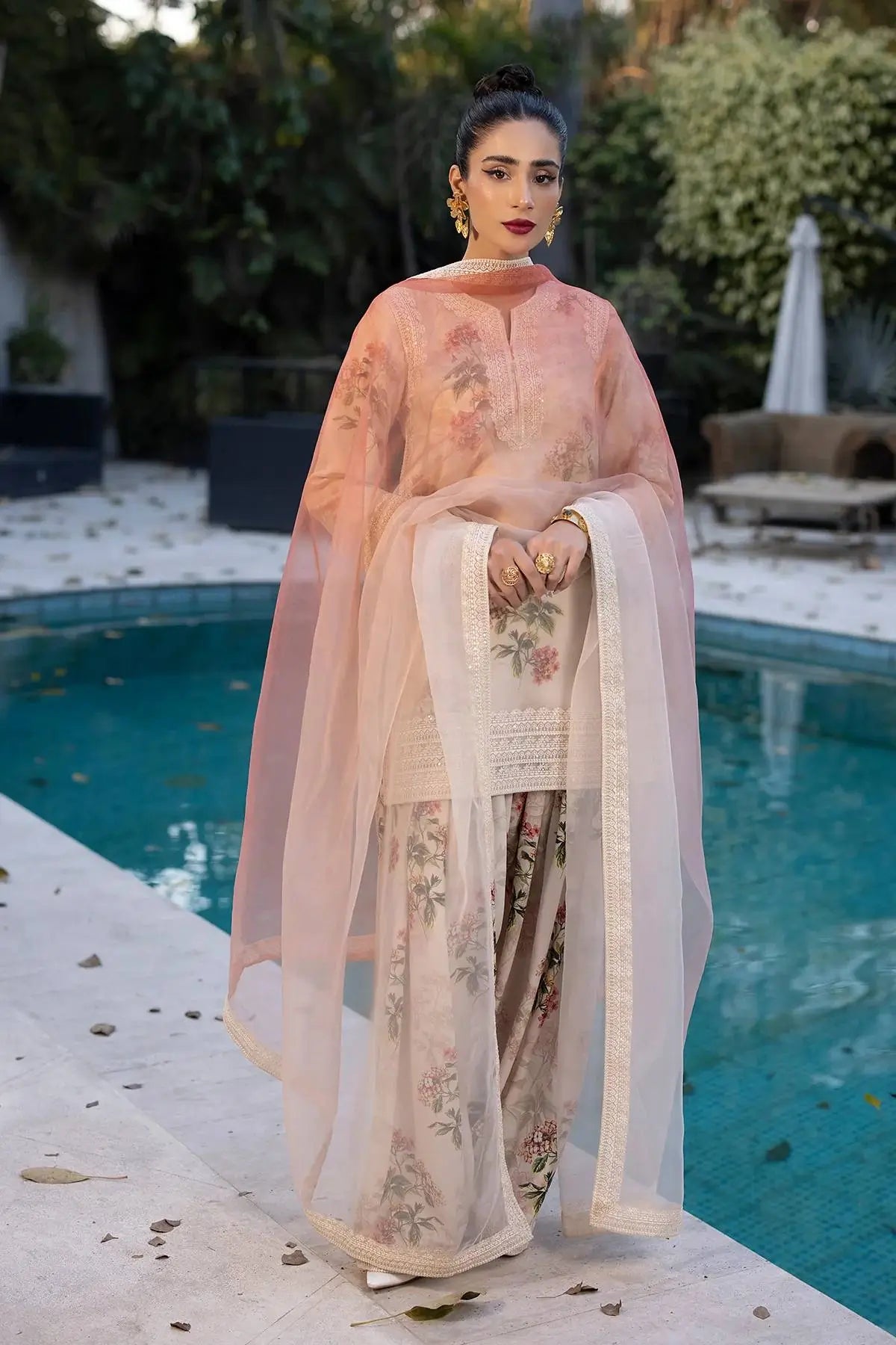 Floral Digital Print Georgette Embroidered Suit with Farshi Plazzo & Dual Tone Dupatta