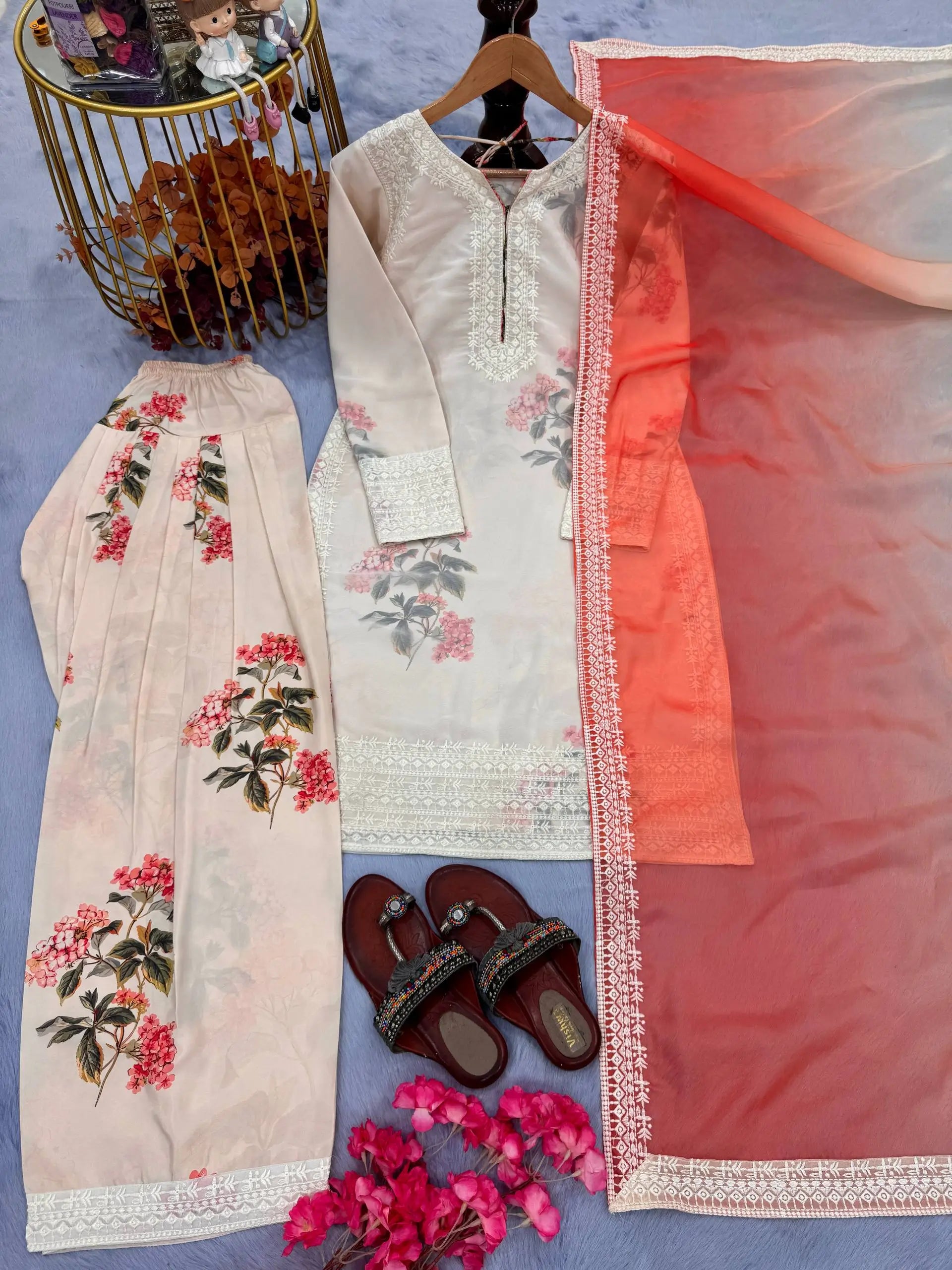 Floral Digital Print Georgette Embroidered Suit with Farshi Plazzo & Dual Tone Dupatta