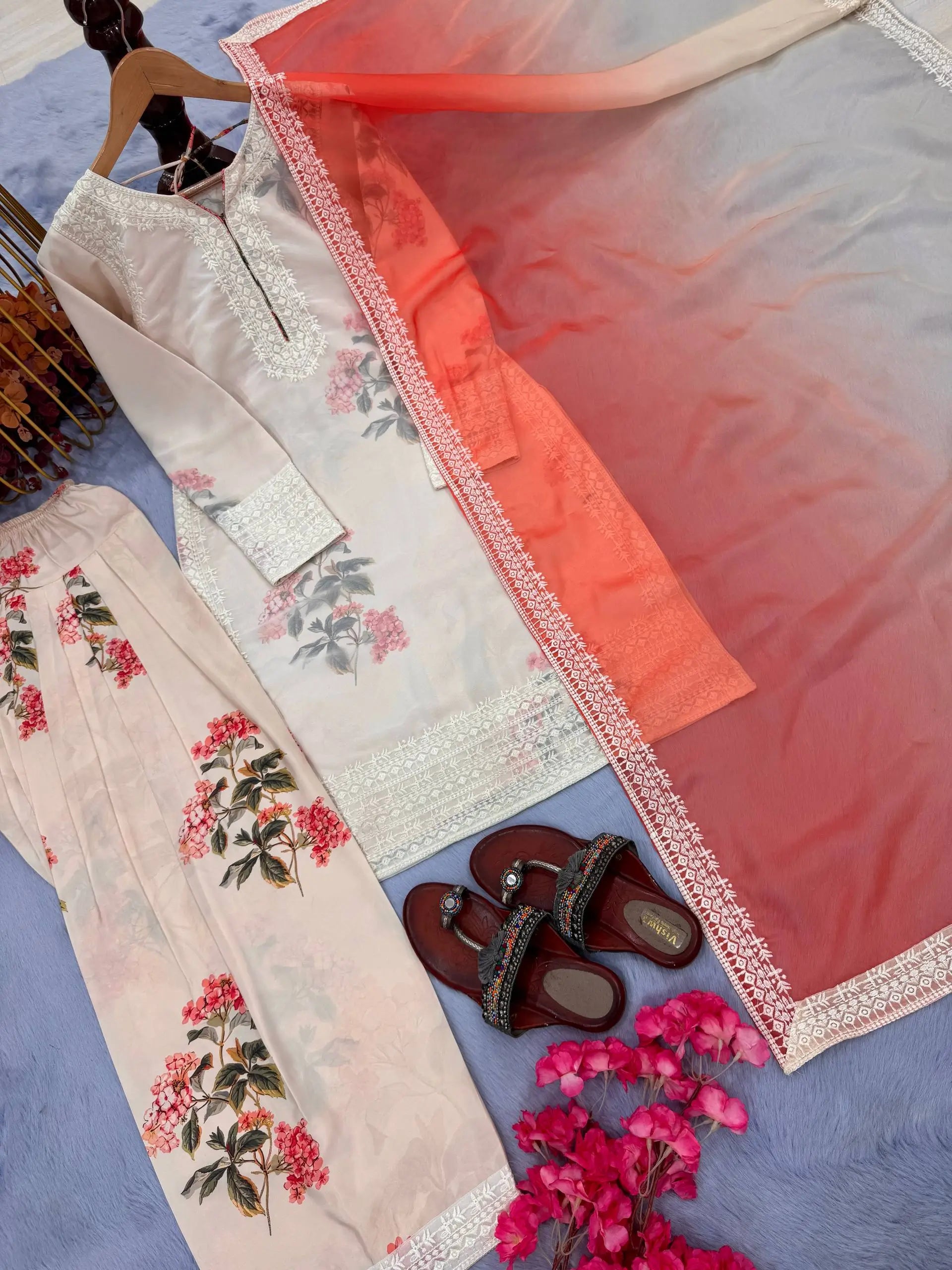 Floral Digital Print Georgette Embroidered Suit with Farshi Plazzo & Dual Tone Dupatta
