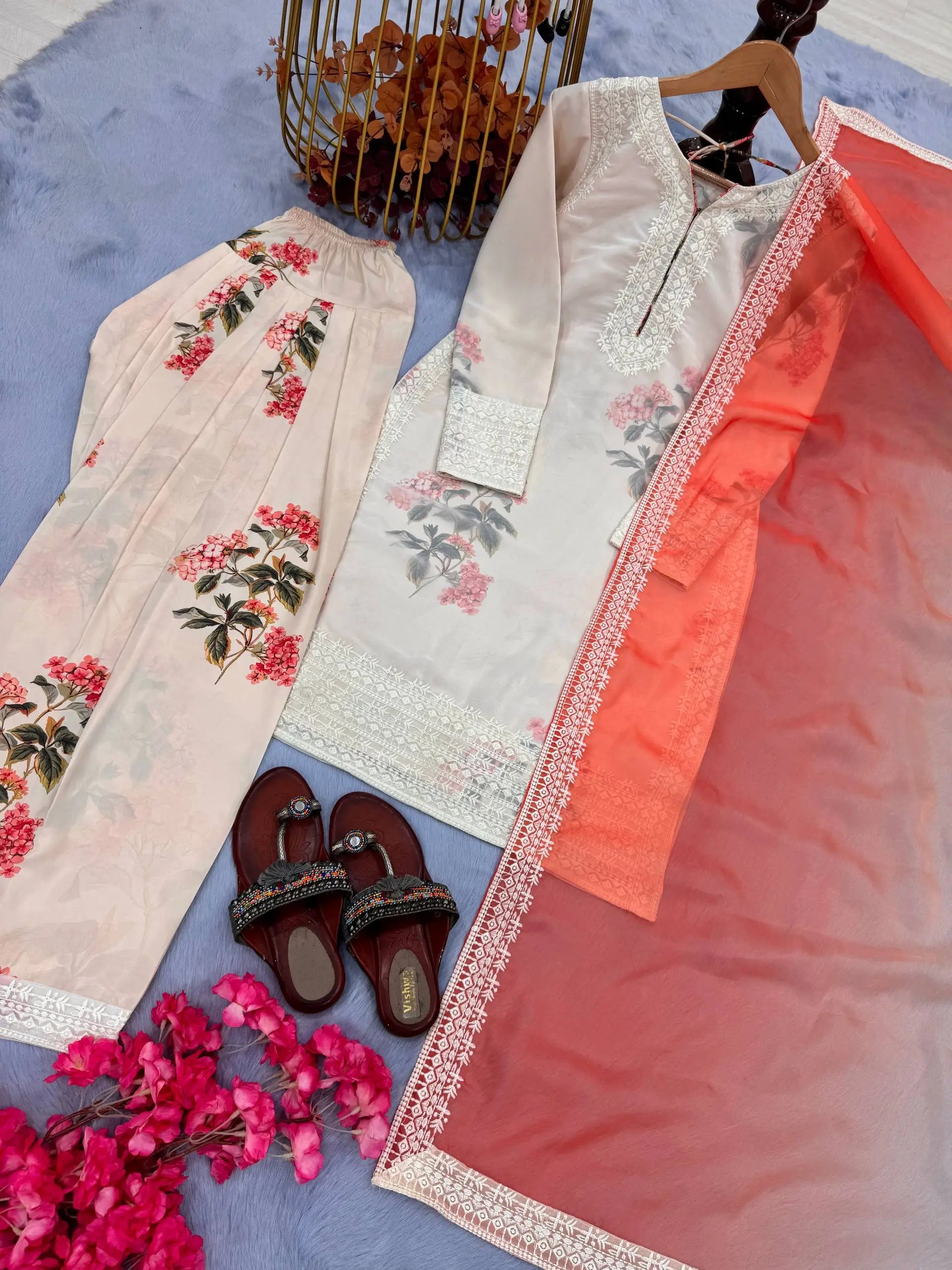 Floral Digital Print Georgette Embroidered Suit with Farshi Plazzo & Dual Tone Dupatta
