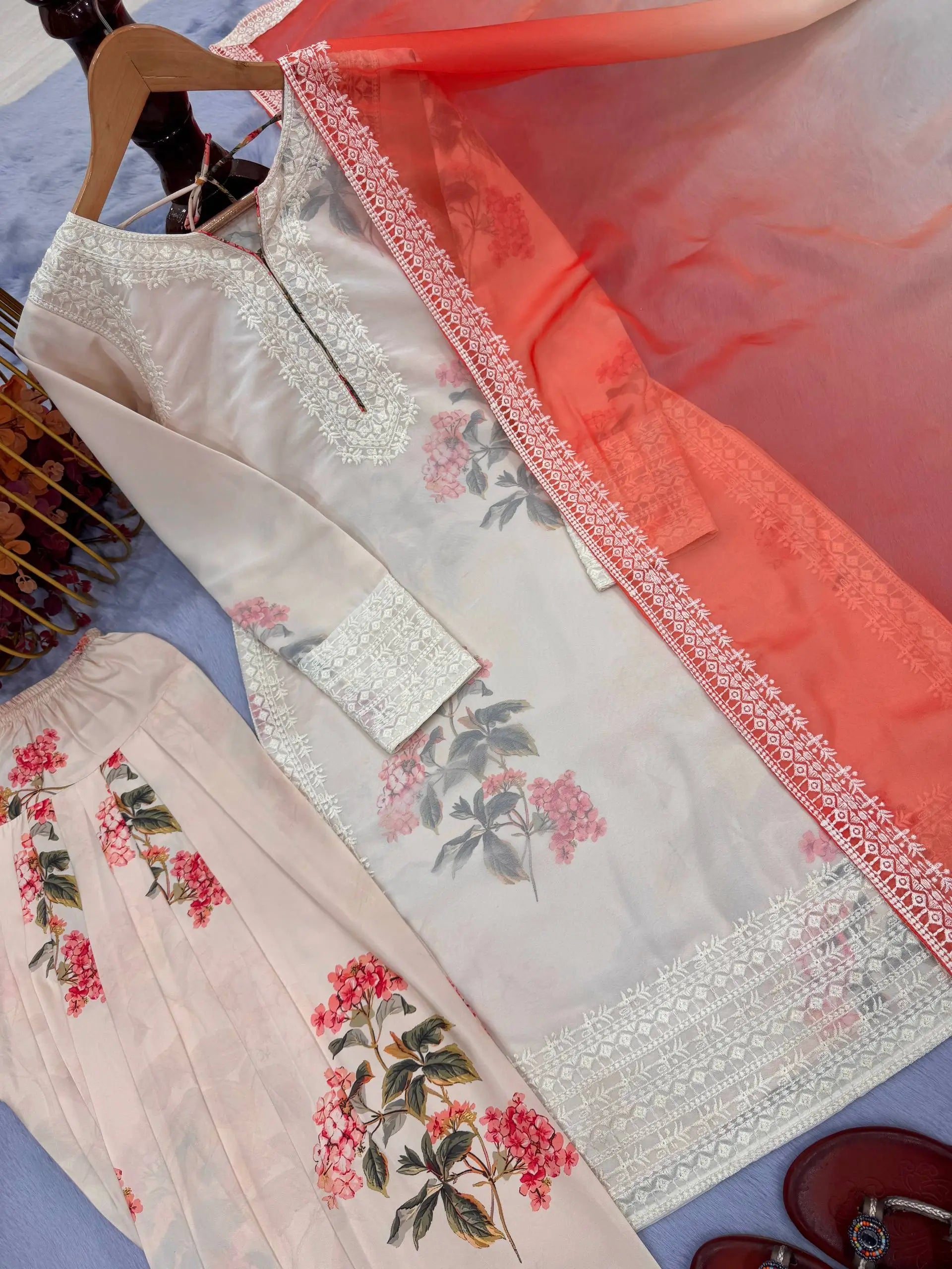 Floral Digital Print Georgette Embroidered Suit with Farshi Plazzo & Dual Tone Dupatta