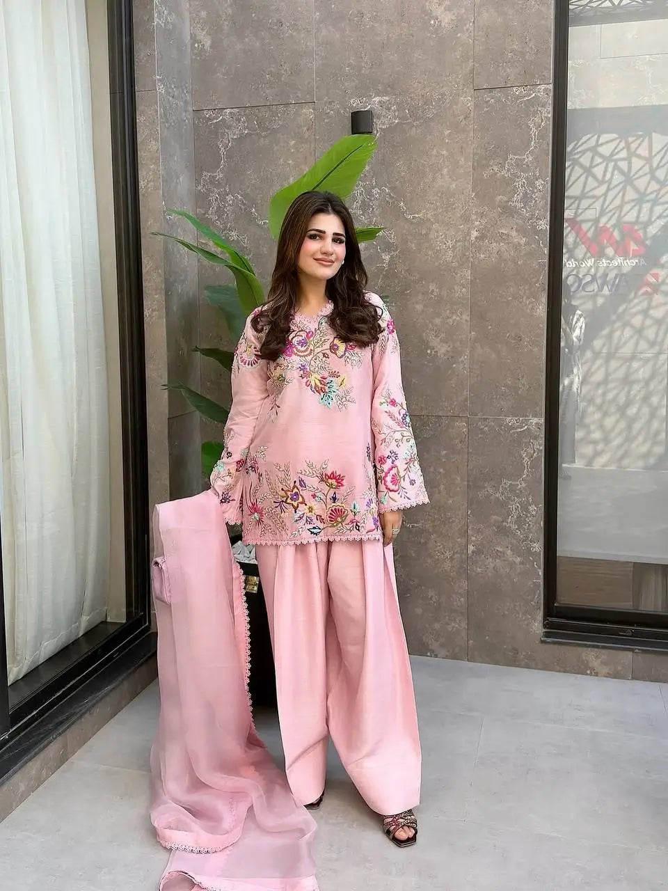 Floral Embroidered Crepe Silk Sharara Set