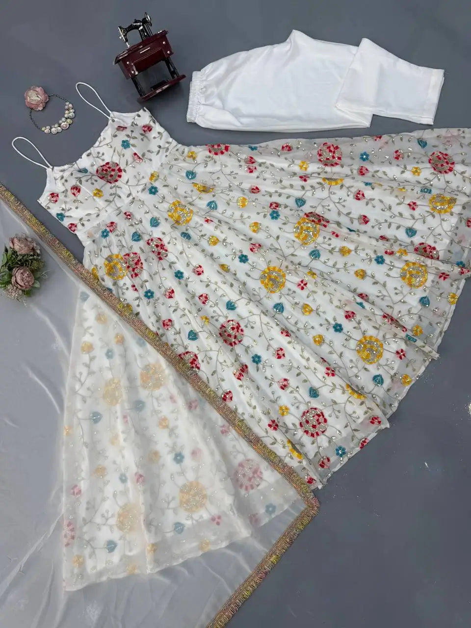 Floral Embroidered Faux Georgette Anarkali Set