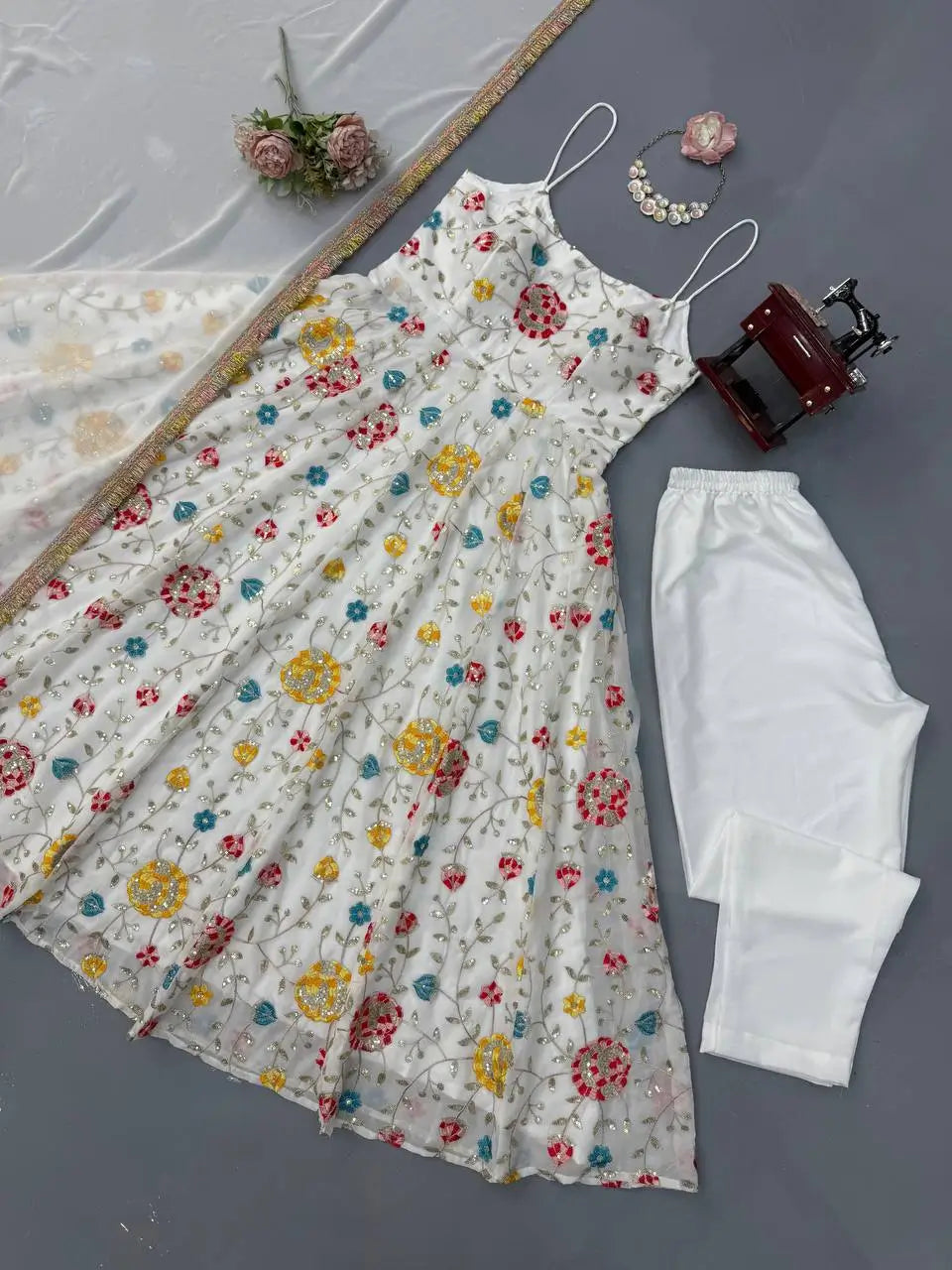 Floral Embroidered Faux Georgette Anarkali Set