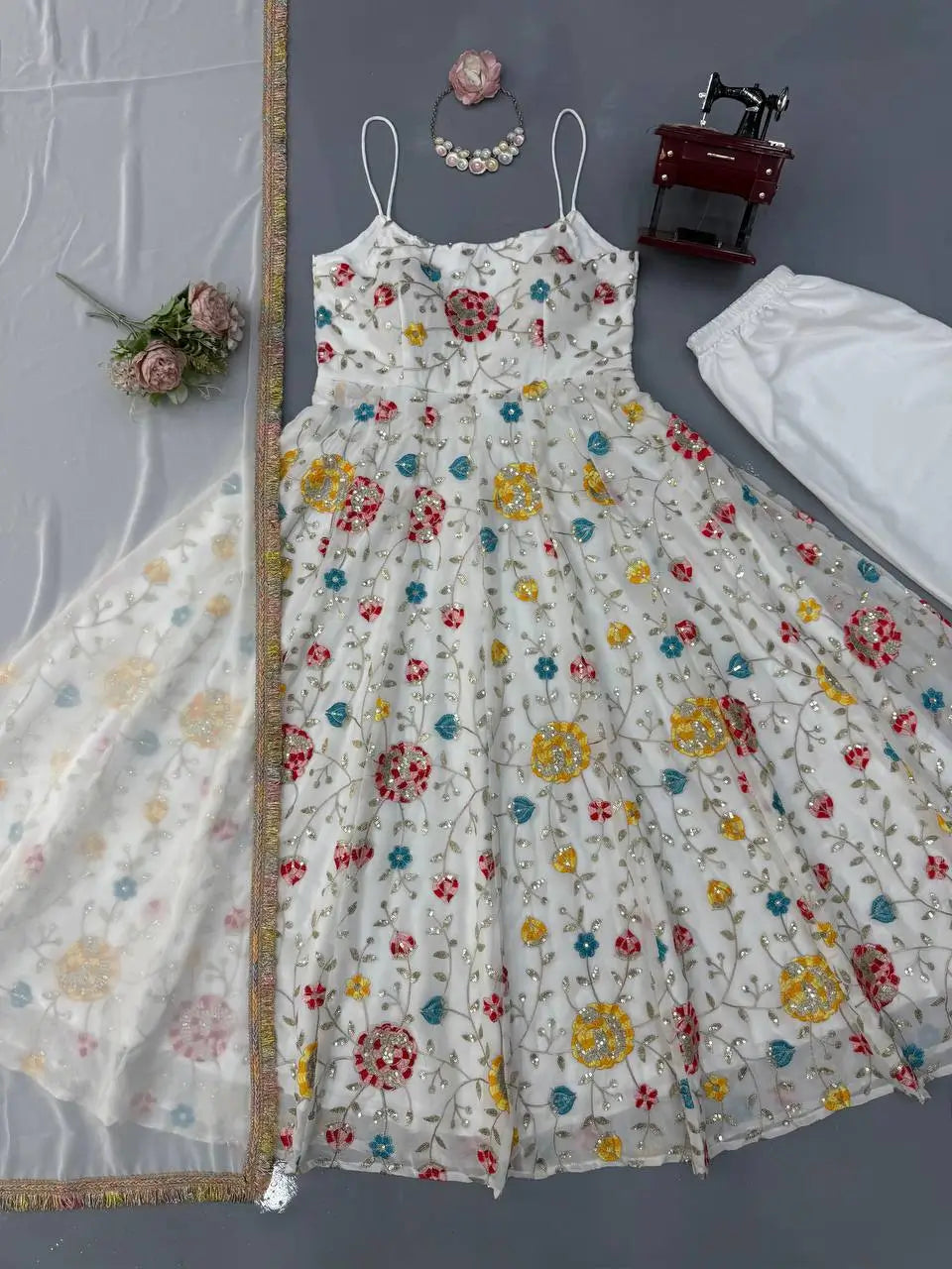 Floral Embroidered Faux Georgette Anarkali Set
