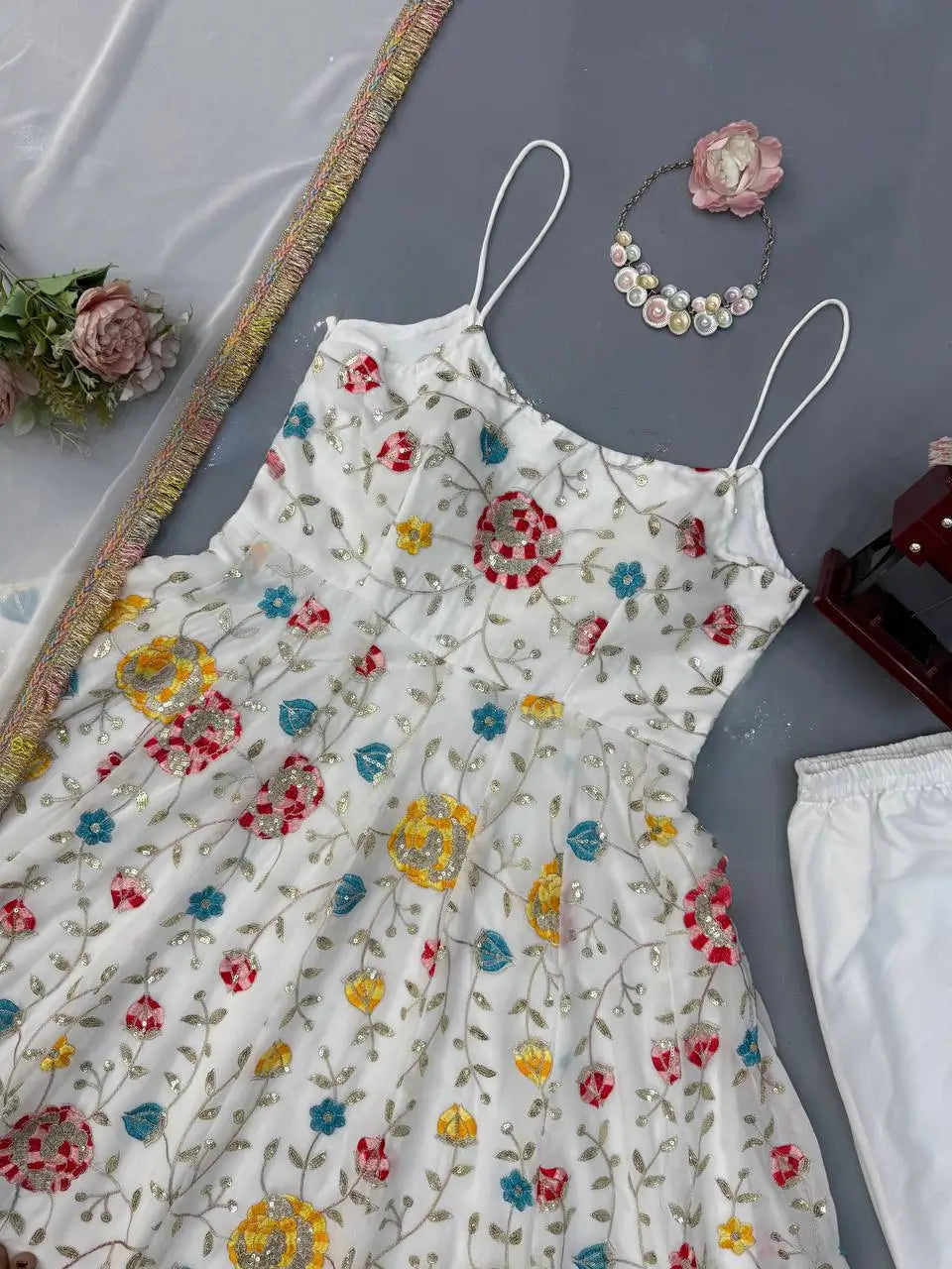 Floral Embroidered Faux Georgette Anarkali Set